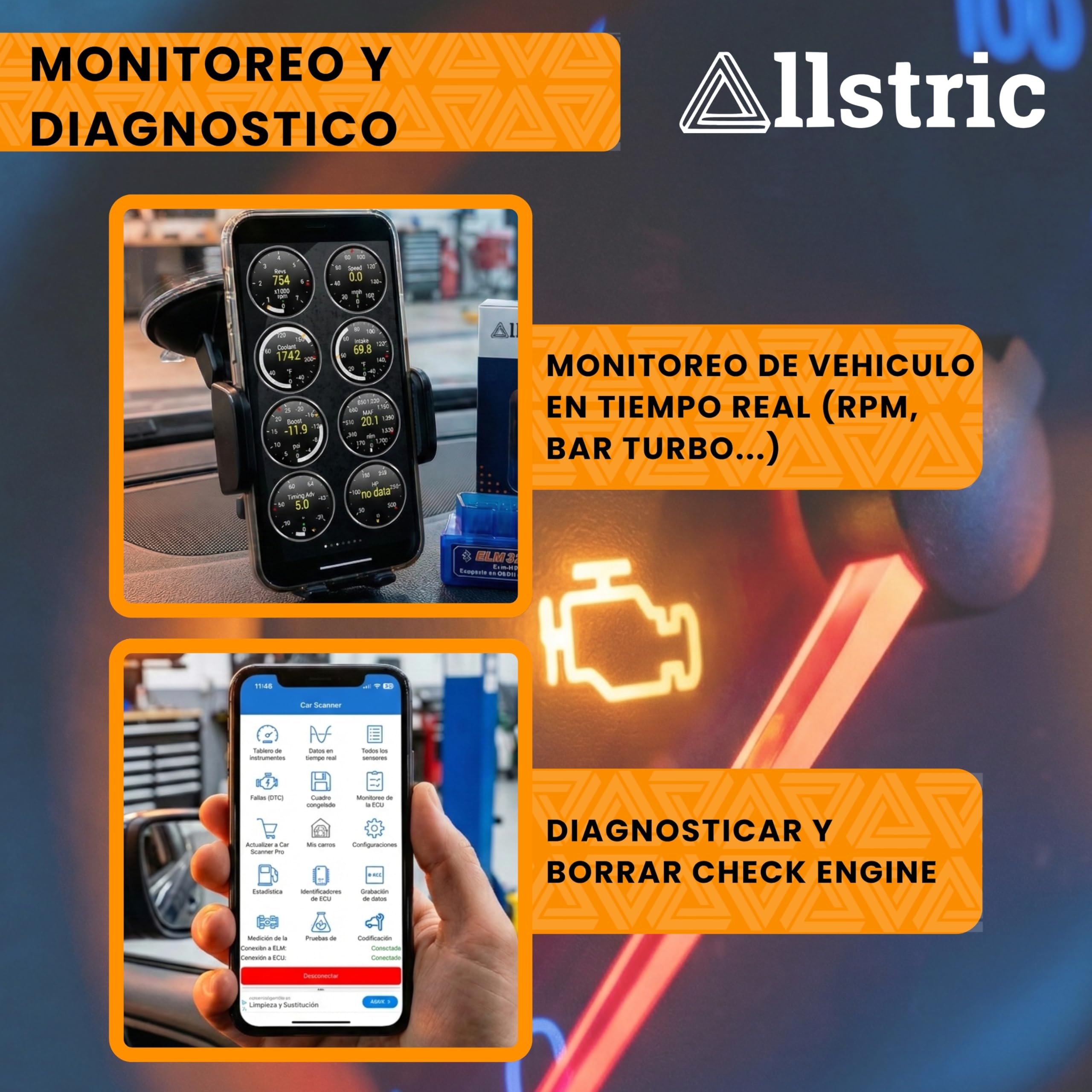 OBD2 Bluetooth para iOS, Android y Windows. OBD2 Diagnosis Coche Multimarca. Maquina Diagnosis Coche de Fallos y Errores de Motor. Escaner para Coches desde 1996 con toma OBD 2. Scanner OBD2