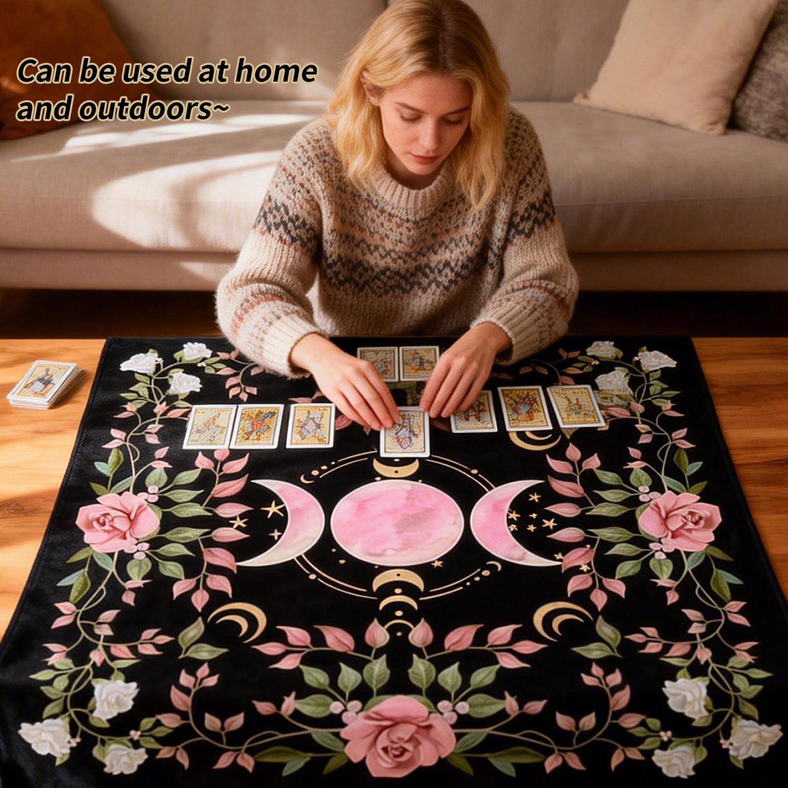 Tappeto Divinatorio per Tarocchi 75x75 cm, Tovaglia da Altare Esoterico con Fiori e Fasi Lunari, Telo per Lettura Carte e Rituali Spirituali