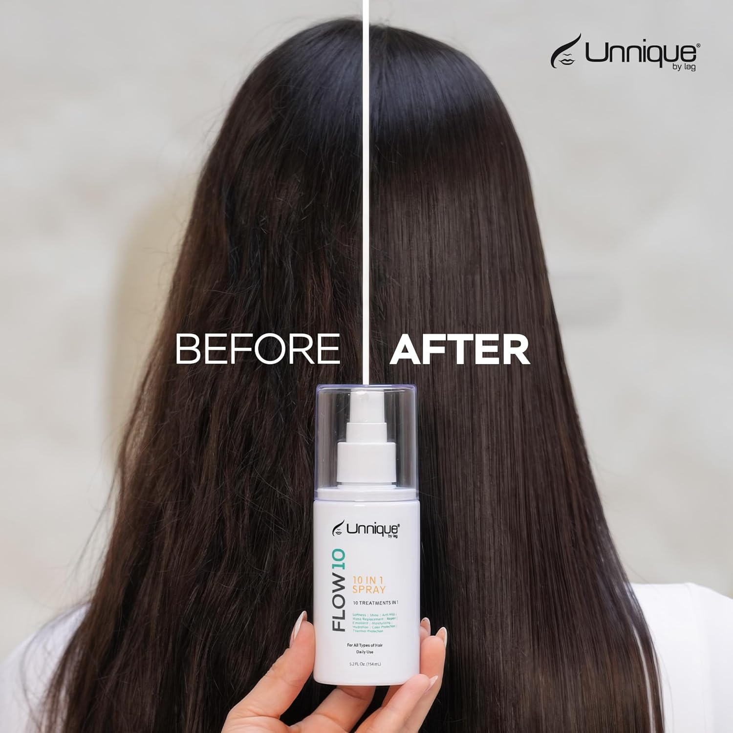 UNNIQUE Flow10, 10-in-1 Styling Spray Leave-In, Smooth & Shine, Frizz Control, Keratin Treatment Finish, Color Protection, All Hair Types, 5.2 Fl oz / 154ml