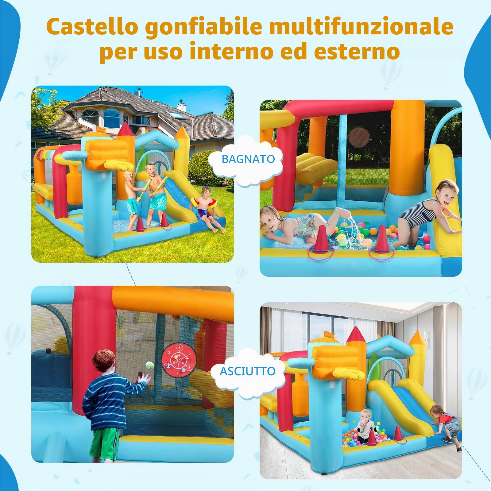 LEADZM Castello gonfiabile con ventilatore, castello gonfiabile con piscina, scivolo, trampolino, supporto per boxe, 356 x 315 x 203 cm