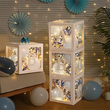 Baby Shower Balloon Box Decorations, 4 Pcs Baby Blocks Transparent Balloon Boxes with BABY GIRL Letters, 4 Pack Led Fairy String Lights and 40 Pcs Latex Balloons for Gender Reveal BackdropBlue