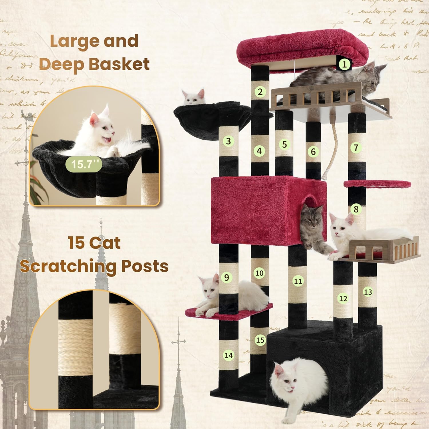 Overview of cat tree with numbered features including scratching posts and deep basket