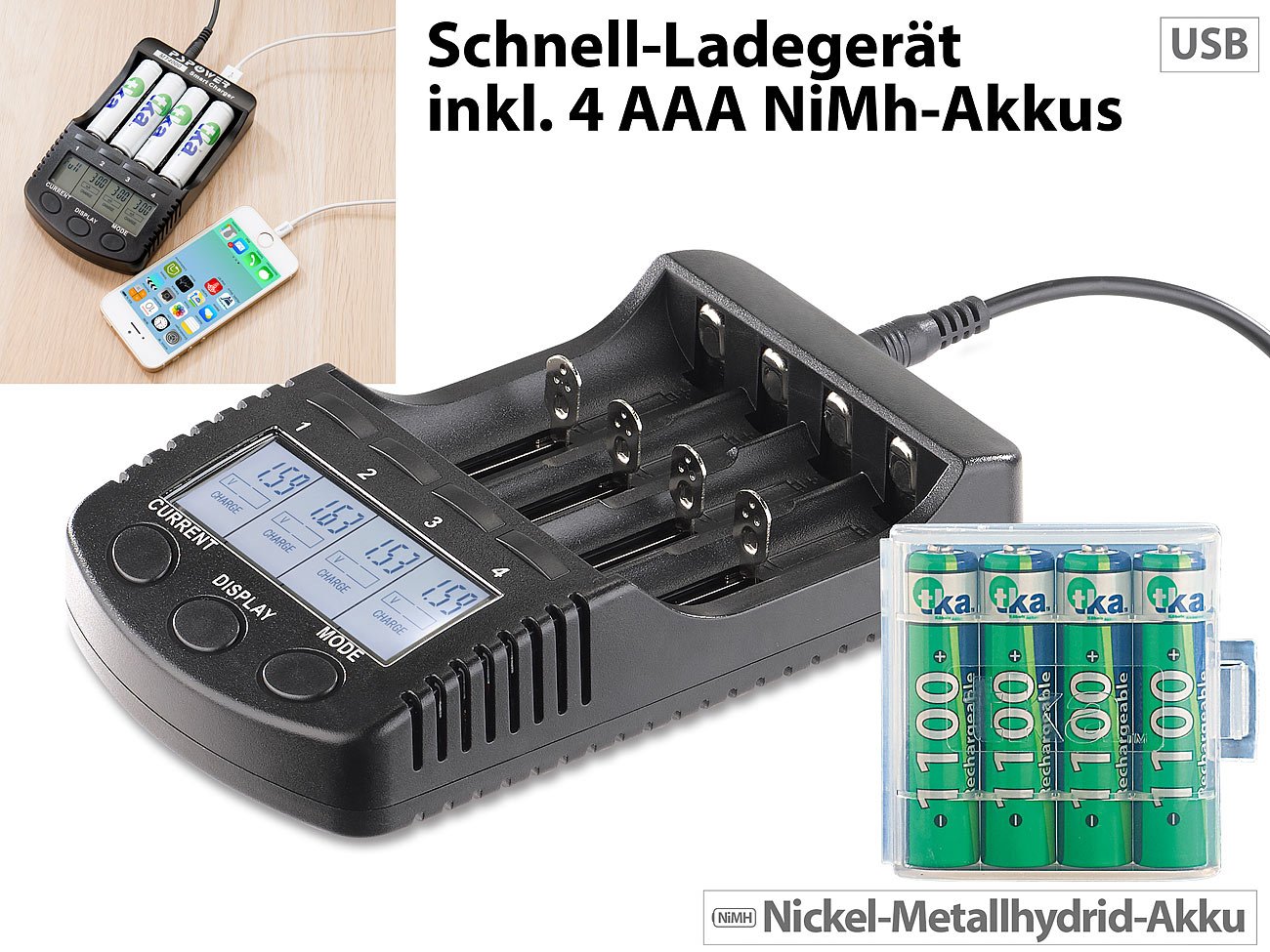 Chargeur rapide haute performance avec écran et 4 accus NiMH type AAA [tka Köbele Akkutechnik]