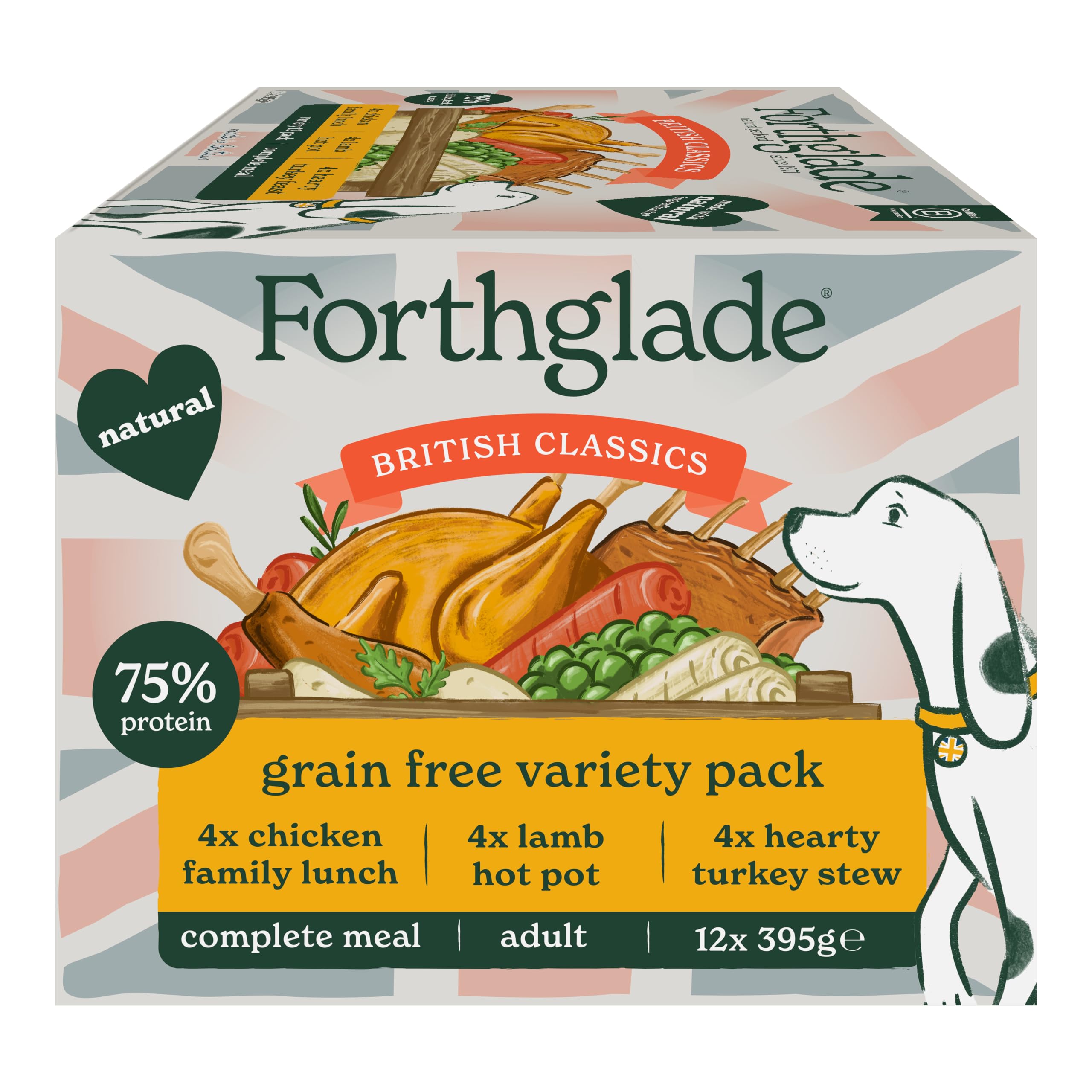 Forthglade British Classics Wet Dog Food Variety Pack (12 x 395g Trays) - Grain Free & Hypoallergenic Dog Food, Adult 1 Year+, Chicken, Lamb and Turkey with Vegetables, Stomach Sensitive Meals