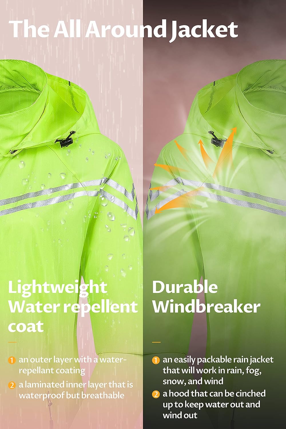 CREATMO US Women's Packable Waterproof Running Rain Coat Reflective Cycling Jacket Windbreaker With Detachable Hood - Image 4