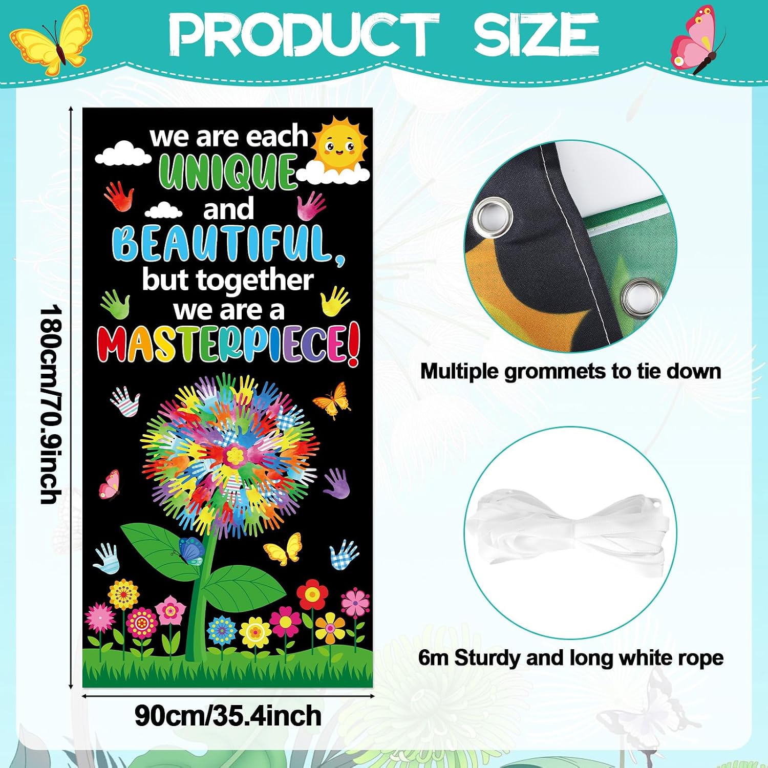 Handprint Flowers Door Cover Colorful Hands Tree Butterfly Porch Banner Sign Summer Flowers Door Hanging Decoration Inspirational Backdrop for Back to School Party Photo Booth Props Indoor Outdoor