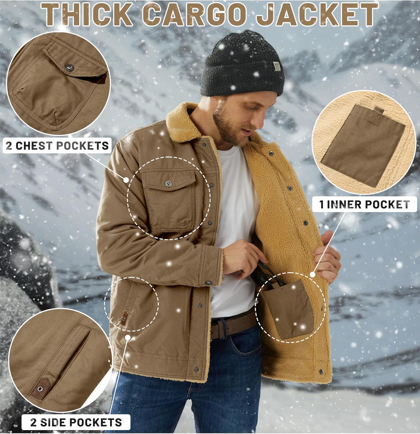 TACVASEN Men's Winter Jacket Sherpa Fleece Lined Cargo Coat Warm Thick Trucker Jacket with Multi Pockets - Image 5