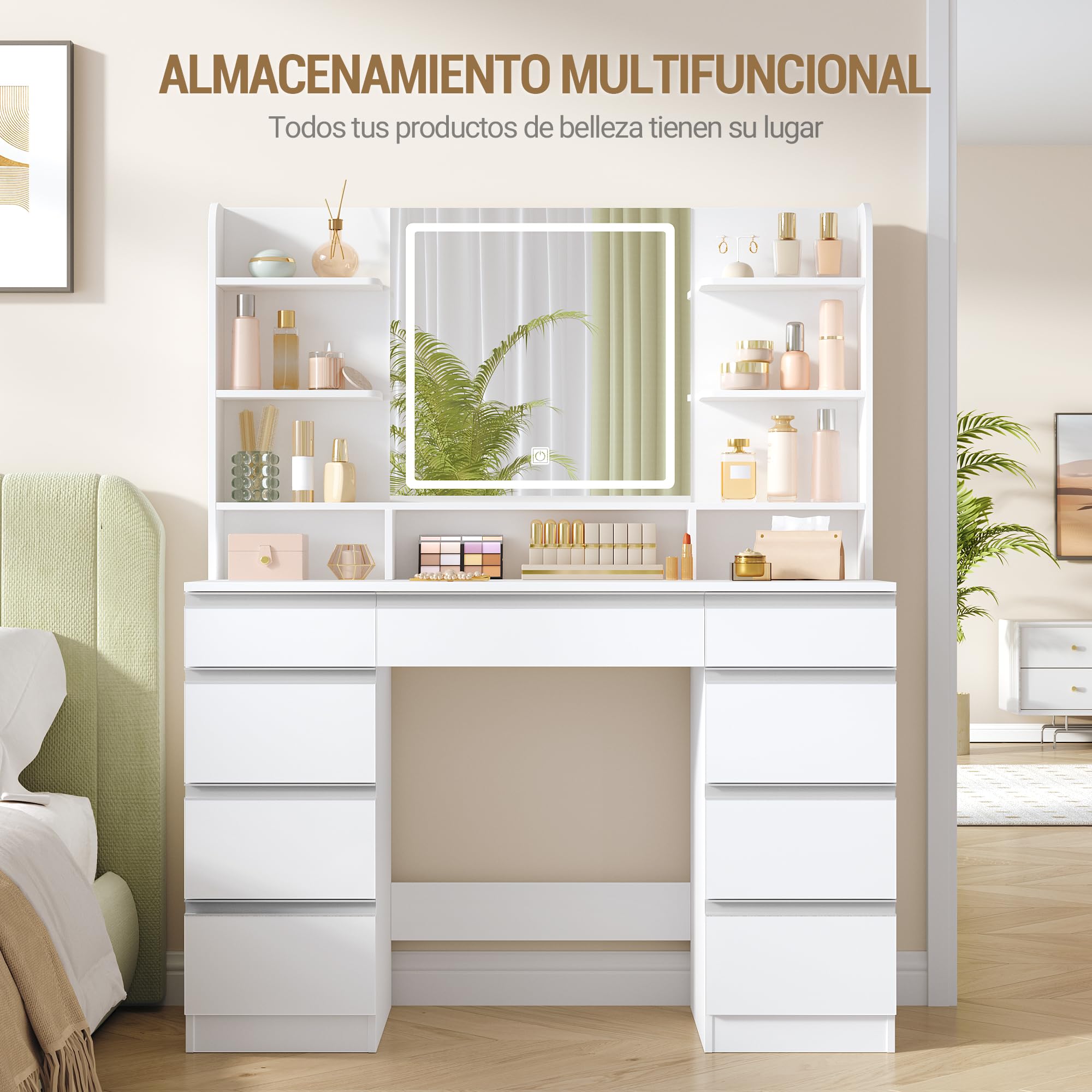 Tocador Grande con Iluminación LED, 3 Colores, Brillo Ajustable, Mesa de Maquillaje con Espejo, 9 Cajones, Estilo Moderno, Blanca-Plata