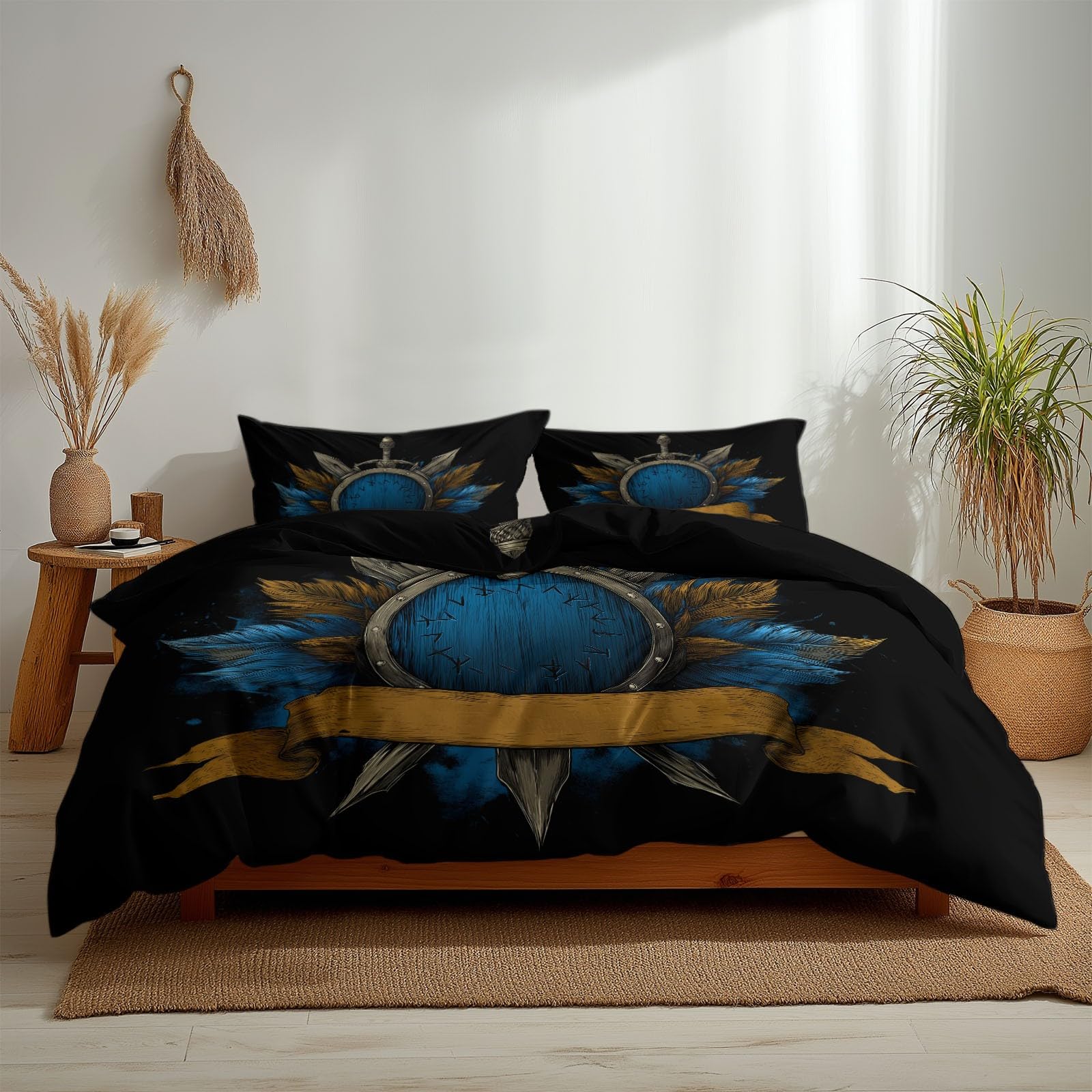Poszwa na kołdrę 105 Vintage Miecz i Pióro Tarcza 200 x 200 cm Miękki Zestaw Pościeli, Czarny Zestaw Poszewek Z Mikrofibry Edredon i 2 Poszewki Na Poduszki Łatwa Pielęgnacja