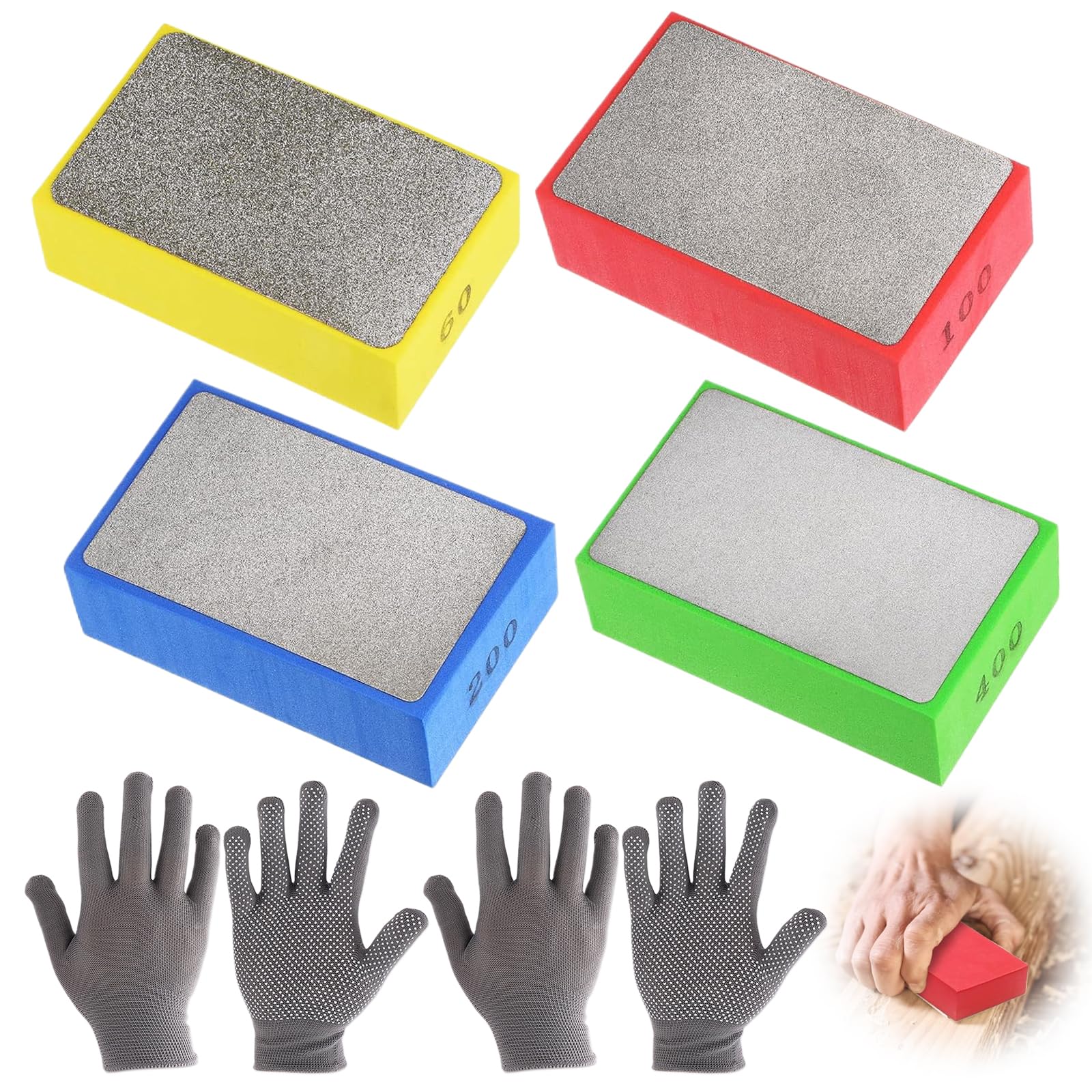 4 pezzi di tampone abrasivo diamantato, fornito con 4 pezzi Punteggiati, guanti in nylon antiscivolo, per levigatura di vetro, smerigliatrice diamantata, levigatura di piastrelle, levigatura e