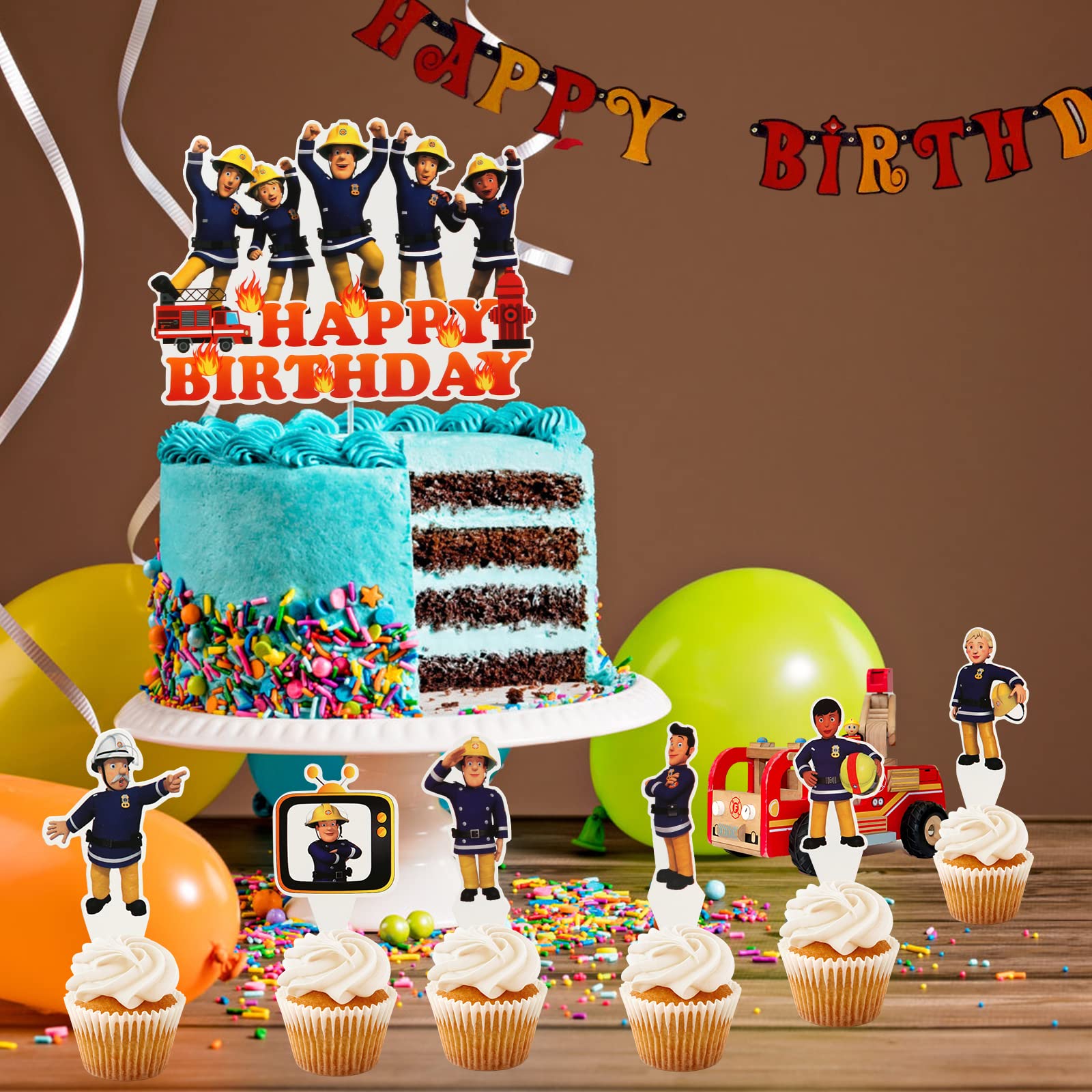 Decorazioni Torta Pompiere - Cake Topper Con Camion E Vigili Del Fuoco, Per Compleanni Bambini - Foto 13