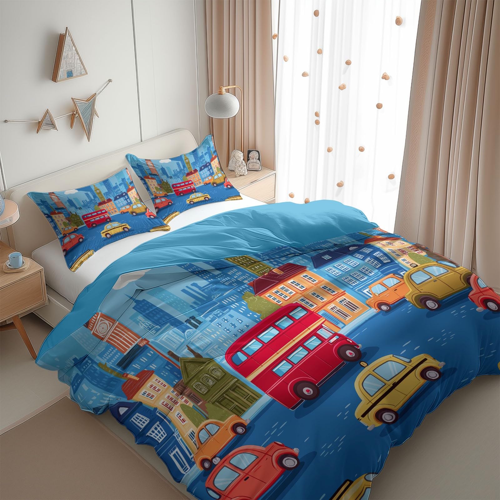Funda Nórdica Dibujos Animados Paisaje Urbano Autobús Dos Pisos Azul Claro 150 x 220 cm Ropa de Cama 3 Piezas, Juego de Funda Edredón para Cama 90, para Habitación Infantil De Chicos Y Adolescentes