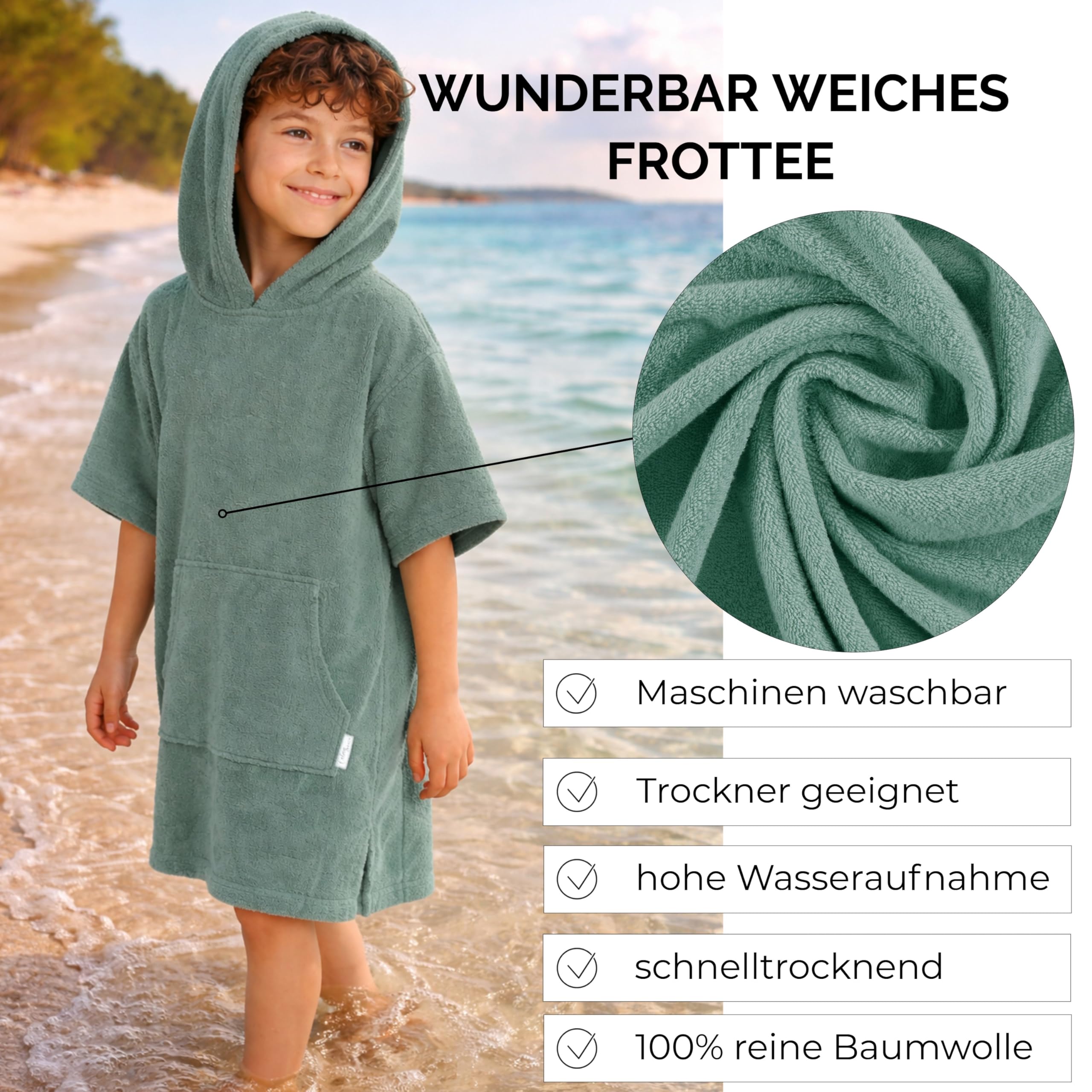 Frottee Badeponcho Kinder Jungen - Mädchen Surf Poncho 100% Baumwolle Strandponcho Handtuch mit Kapuze Surfponcho Bademantel