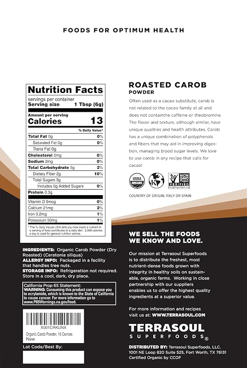 Terrasoul Superfoods Organic Carob Powder, 1 Lb - Cocoa Powder Alternative | High in Fiber