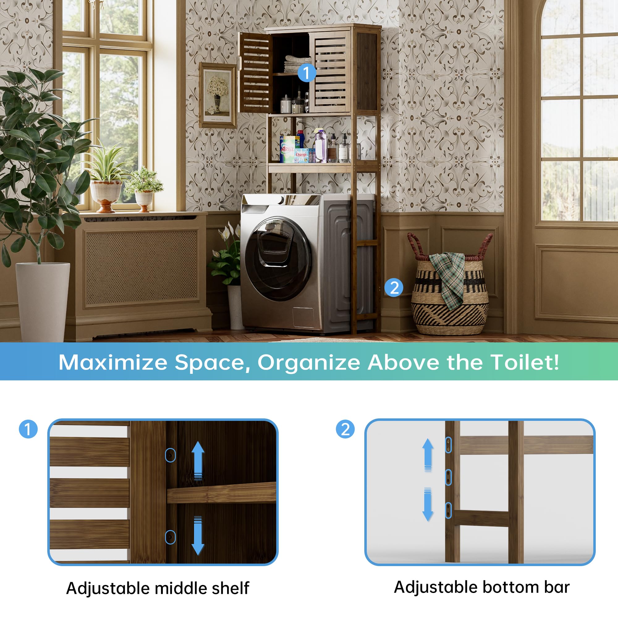 SMIBUY Bad Lagerung Regal mit Schrank, Bambus über die Toilette Veranstalter Rack, freistehende Toilette Platzsparer mit 3-Tier verstellbare Regale (Walnuss)