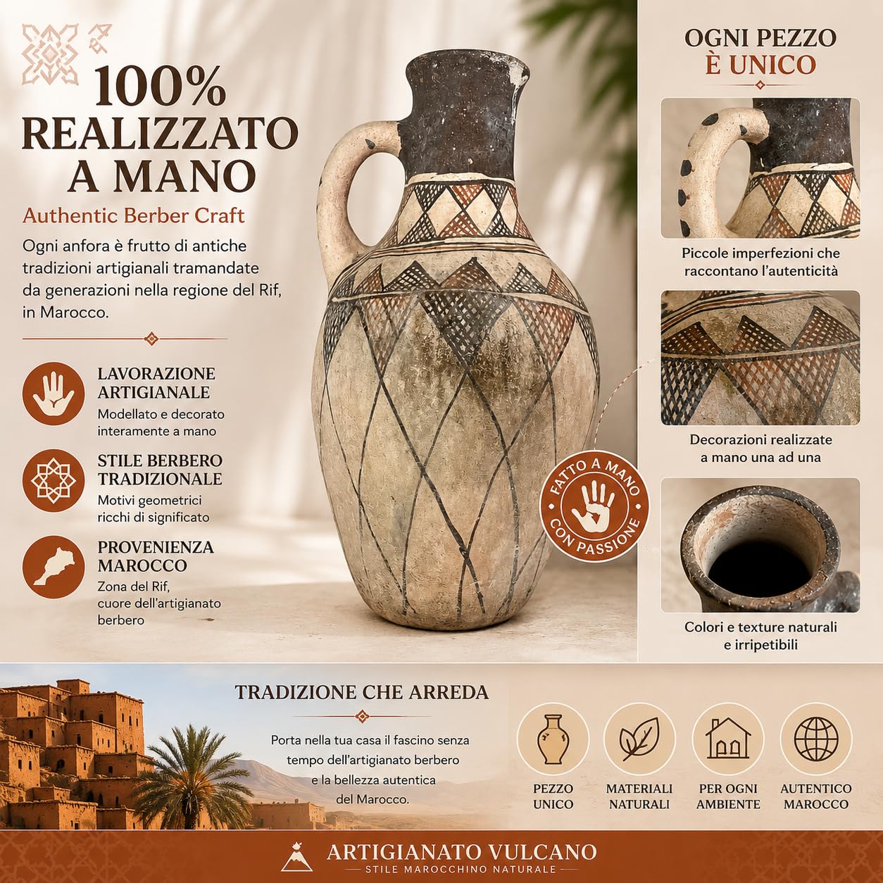 Vaso Anfora Berbera Marocchina in Terracotta Realizzata a Mano, Anfora Decorativa Artigianale, Stile Etnico per Arredo Casa, Vaso da Pavimento 42 cm