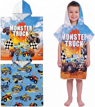 Fanfanwin 2 Pcs Hooded Bath Towel Monster Truck Beach Towel with Hood Monster Truck Bath Hooded Poncho Fit Height 37 Inches to 50.5 Inches Boys Soft Rapid Dry for Home Swim Travel Beach Pool Use