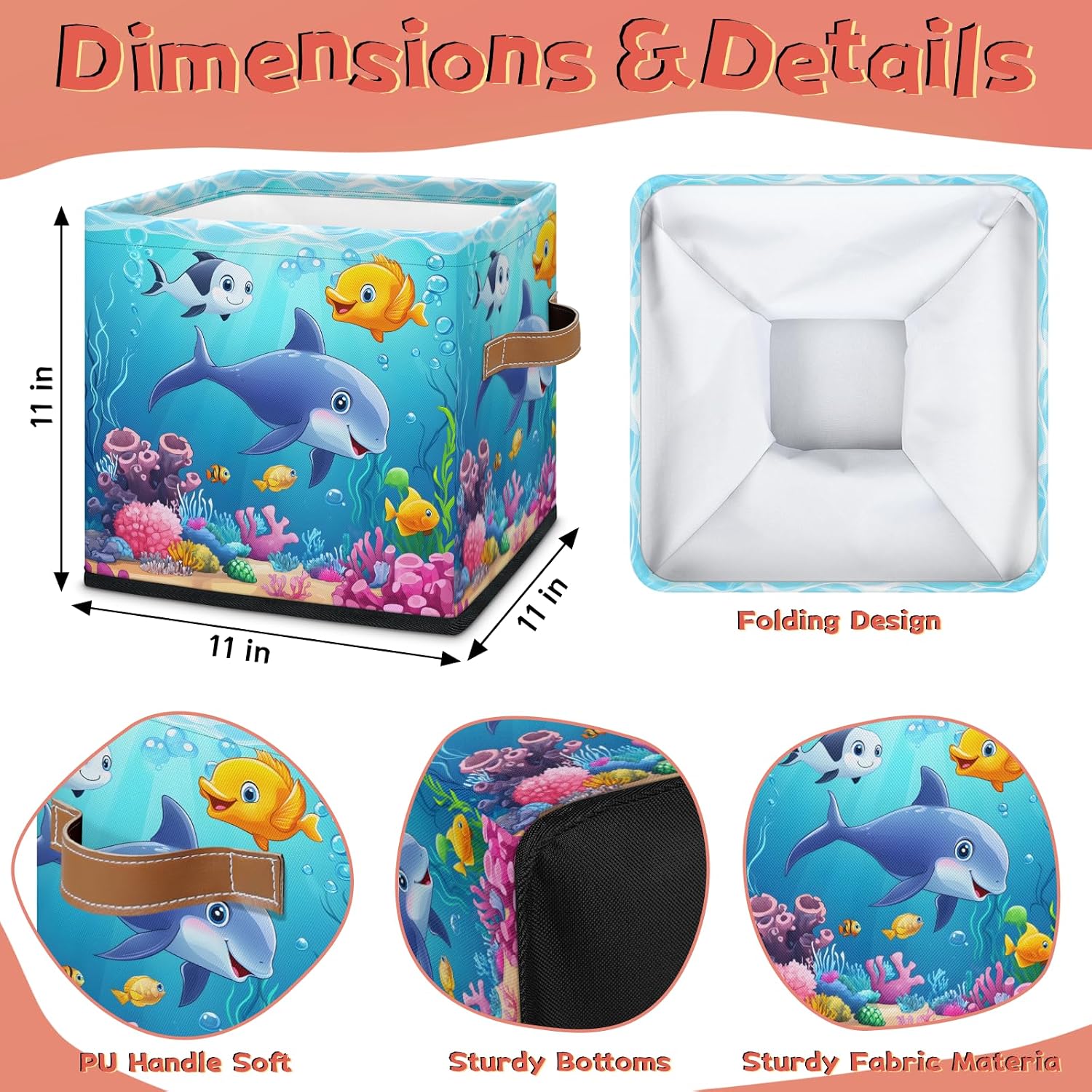 Sea Animals 11" Storage Cube Organizer with Dolphin, Stingray, Seaweed Design - Clothes Storage Basket Bin for Closet Shelf, Nursery, Kid Room, Book, Toy Chest - Non-Woven Fabric - 1Pcs