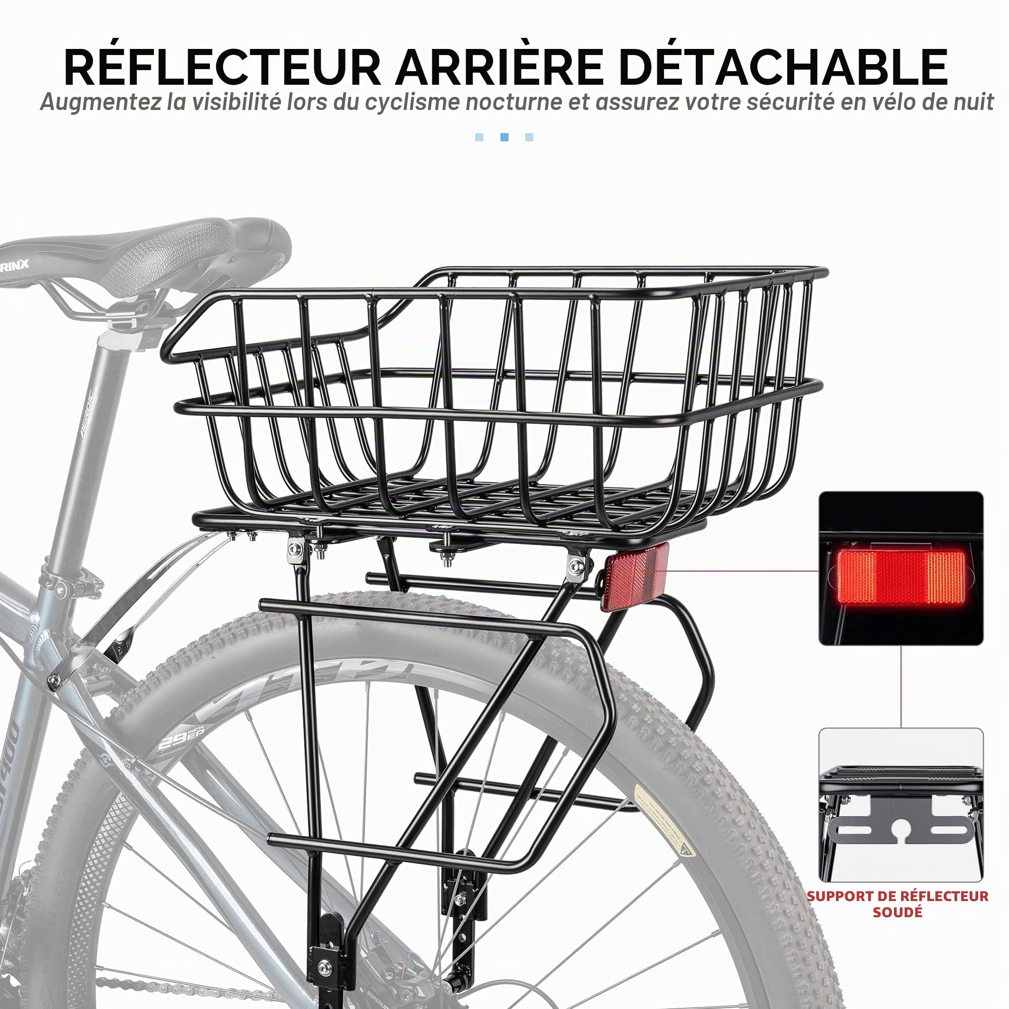CXWXC Porte-bagages de vélo avec arrière - Panier de vélo amovible et réflecteur pour pneus de 26 à 29" - Porte-bagages arrière pour VTT et vélos de route jusqu'à 27 kg