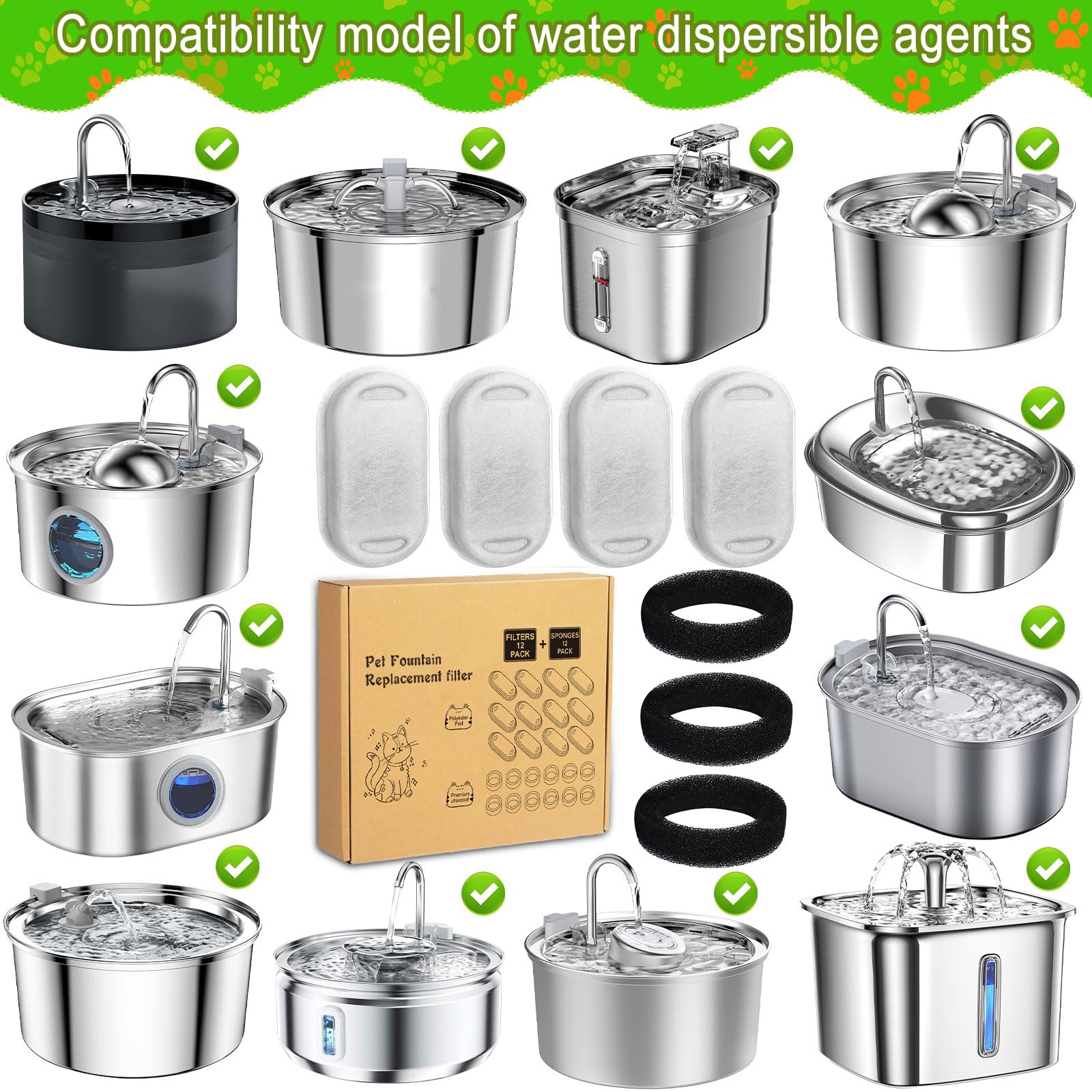 Filtri Fontanella Per Gatti Amzeeniu - 12 Filtri + 12 Spugne Tripla Filtrazione
