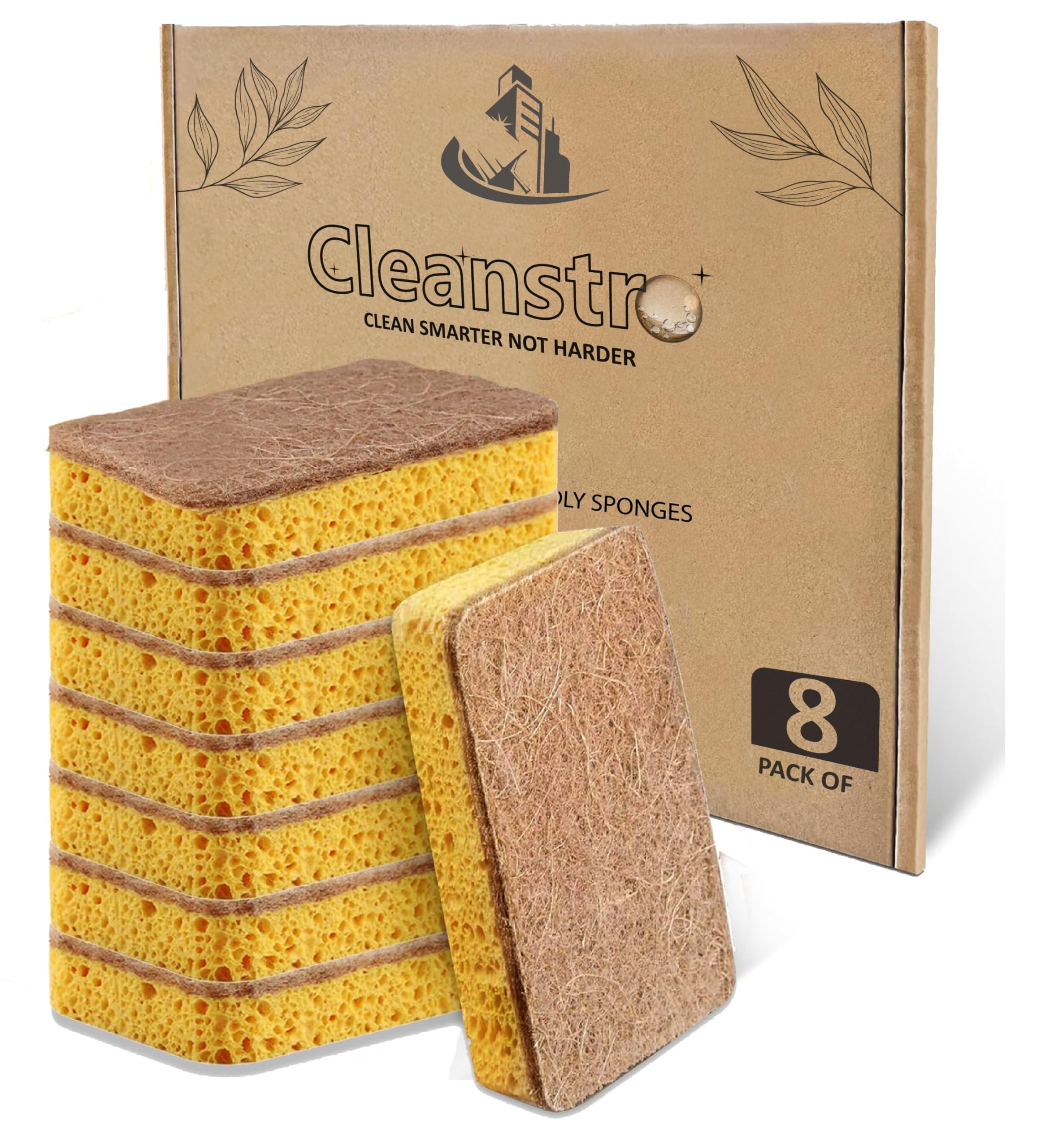 Eco Sponge Scourers Pack of 8 Plastic Free Sponges Washing Up Pads - Odor Free Skin-friendly Biodegradable Sponges Washing Up Scrub for Dishes - Sturdy Eco Friendly Compostable Sponge