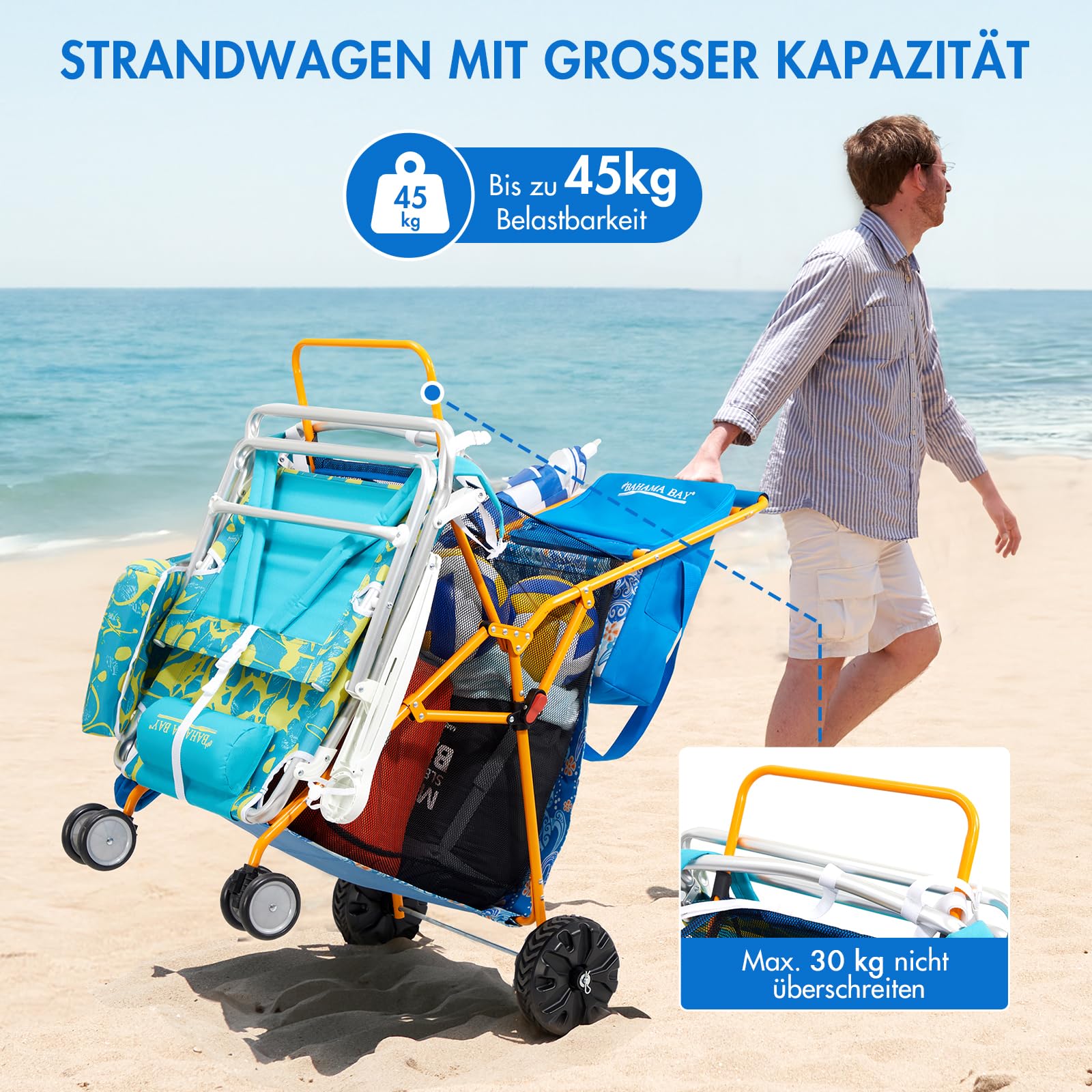 Old Bahama Bay Strandwagen klappbar mit Abnehmbarer 20L Kühltasche Bollerwagen faltbar mit großen All-Terrain-Rädern Faltwagen Transportwagen für Sand Strand Camping Garten
