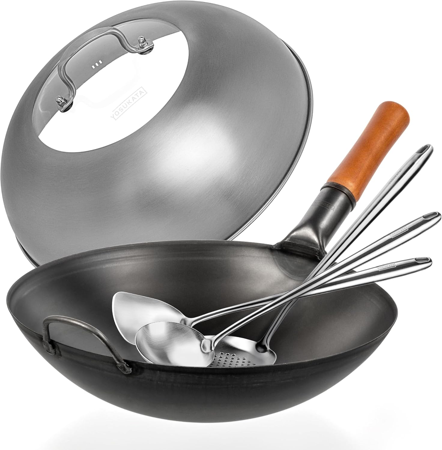 YOSUKATA Carbon Steel Wok Pan - 14 “ Woks and Stir Fry Pans PLUS 17" Wok Spatula and Ladle Skimmer Spoon PLUS Wok Lid 13.6 Inch