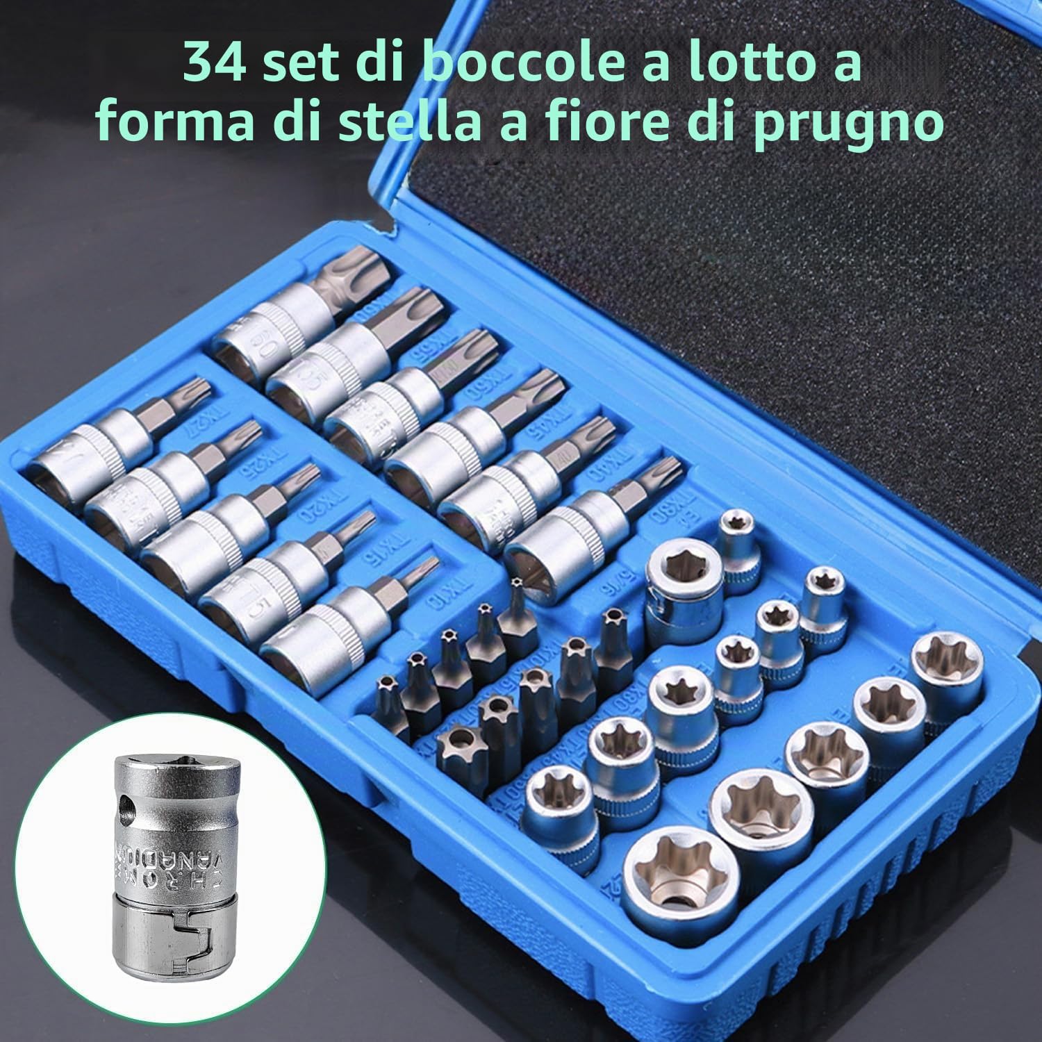 Set da 34 Pezzi di Bussole Torx Femmina Robuste, Set Chiavi a Bussola con Cricchetto, Inserti Torx, per Chiavi Femmina Multifunzionali