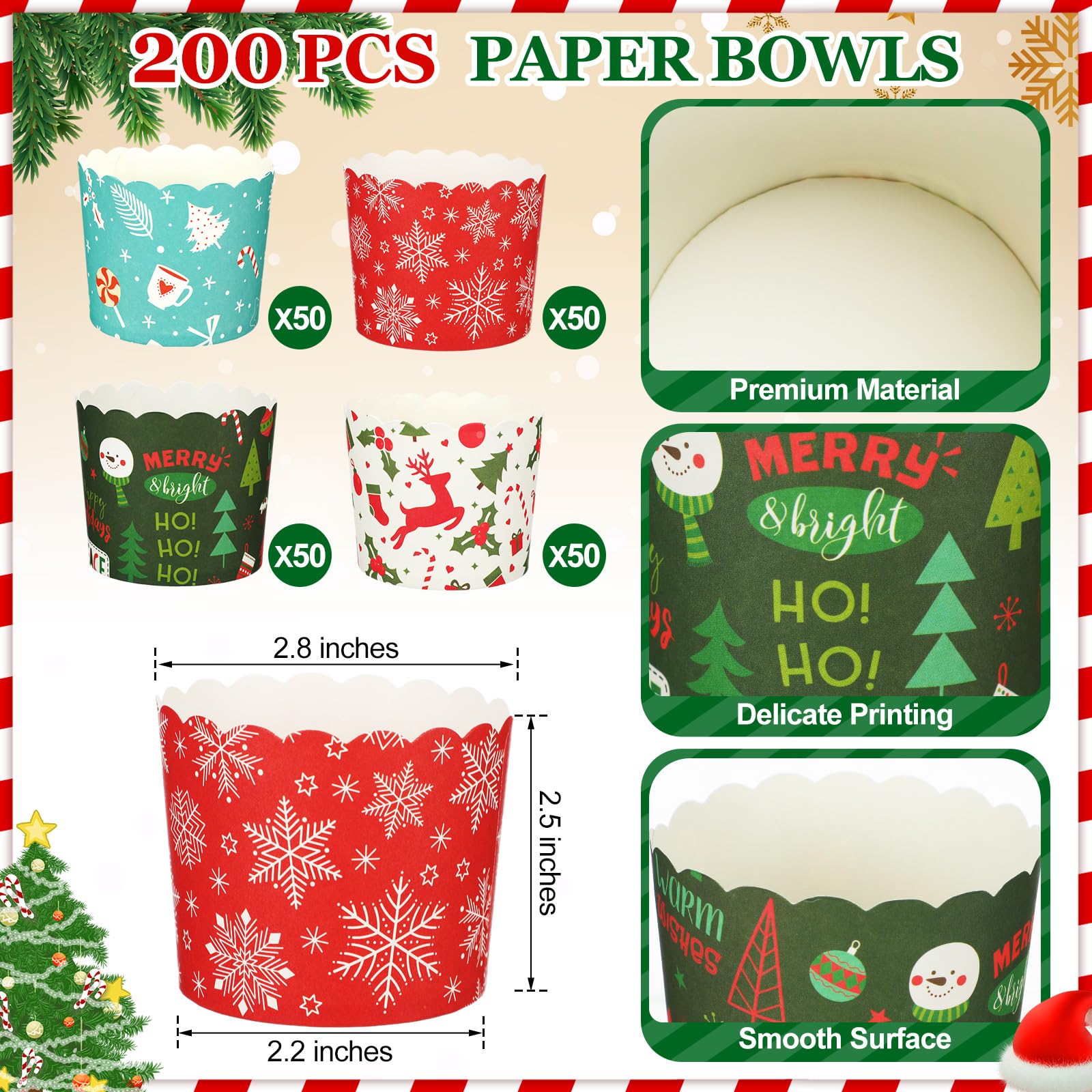 Uiifan 200 tazas de papel para hornear magdalenas de 6 onzas, tazas de papel para hornear a prueba de grasa, vasos de papel para magdalenas de Navidad, 4 estilos, taza de papel para hornear de