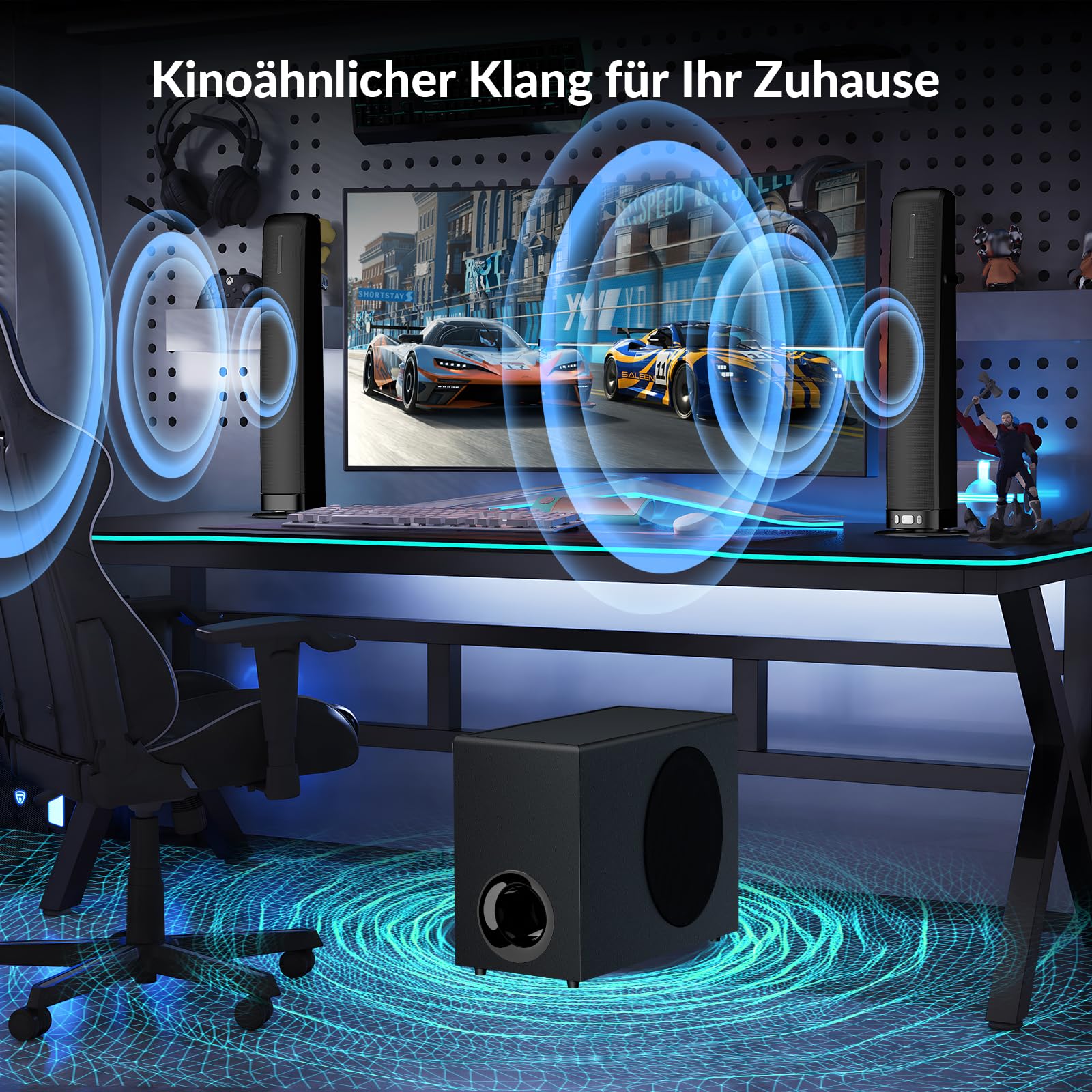 Soundbar mit Subwoofer für TV Geräte, 2-in-1 abnehmbare Sound bar, 120W, kräftiger Bass, 3 Modi, kompatibel mit Bluetooth 5.3/ARC/Opt/AUX für TV, PC, Gaming, Beamer 1 Pcs (Schwarz)