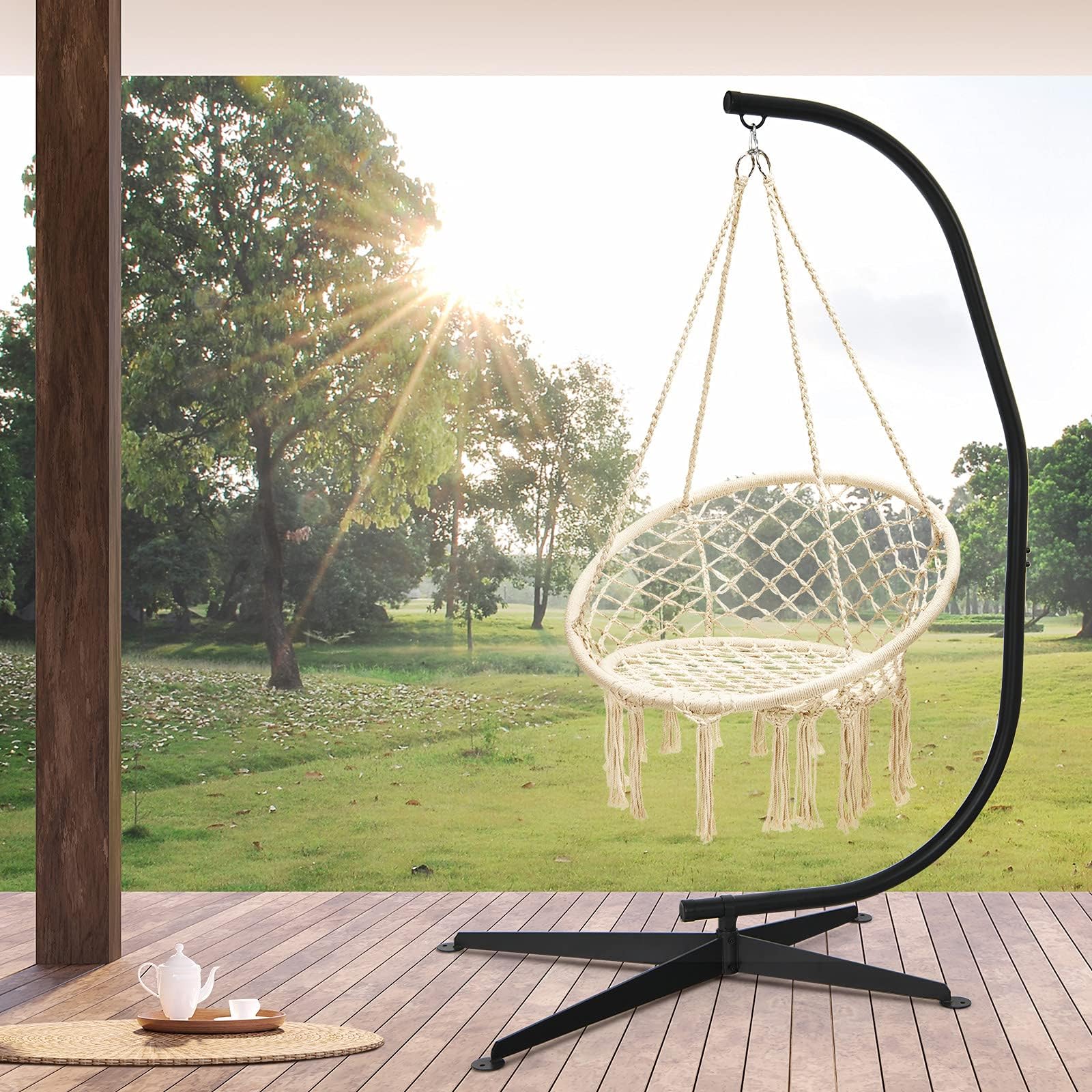 GYMAX Supporto Struttura per Sedia a Dondolo, Sostegno Metallico per Poltrona Sospesa, Portata di 150 kg, Telaio Ferro a Forma di C, Base Universale e Stabile, 111 x 84 x 207 cm