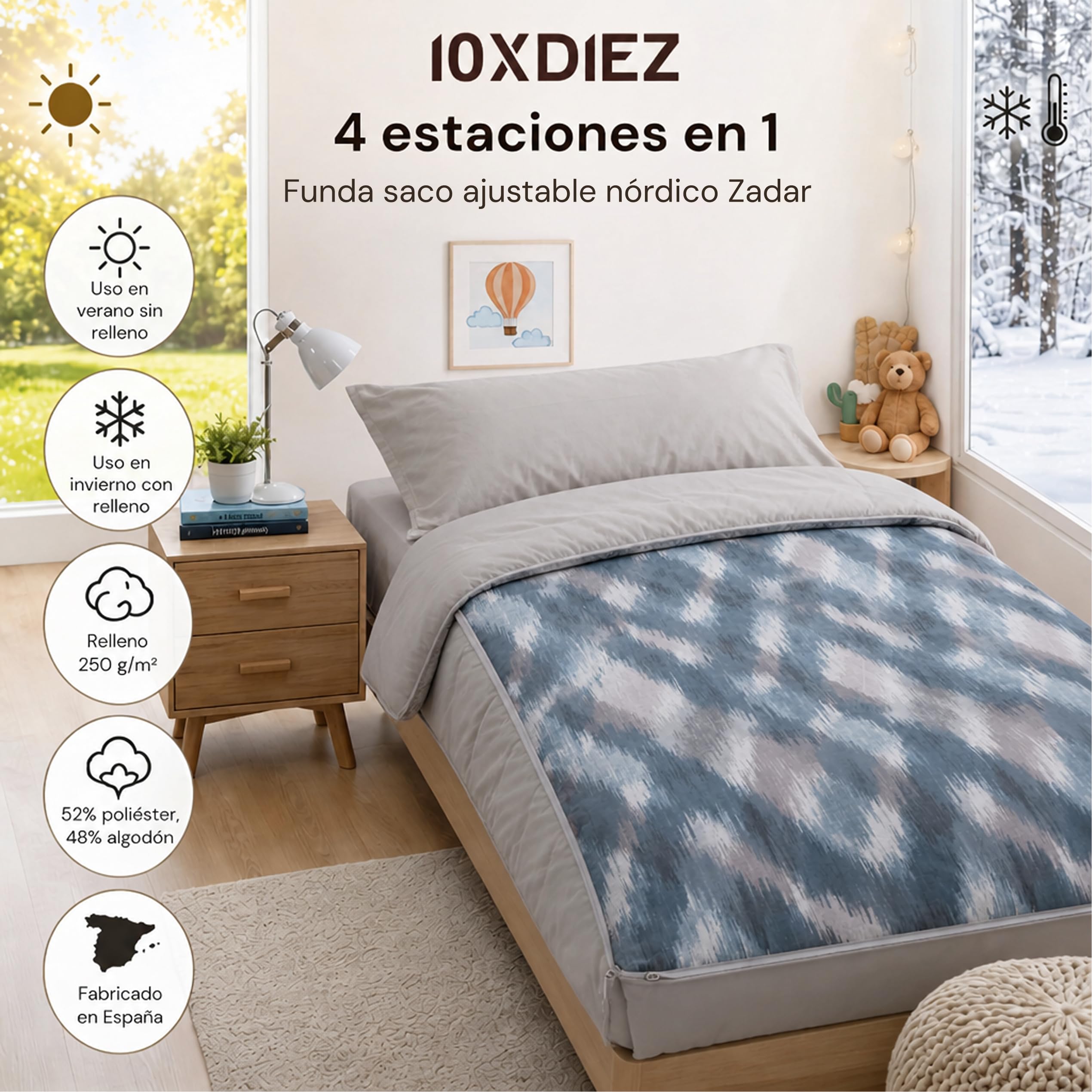 10XDIEZ Saco Nórdico Ajustable con Relleno y Cremalleras Laterales, en Algodón y Poliéster, para Camas de 80 a 105 cm - Azul, Cama de 90cm