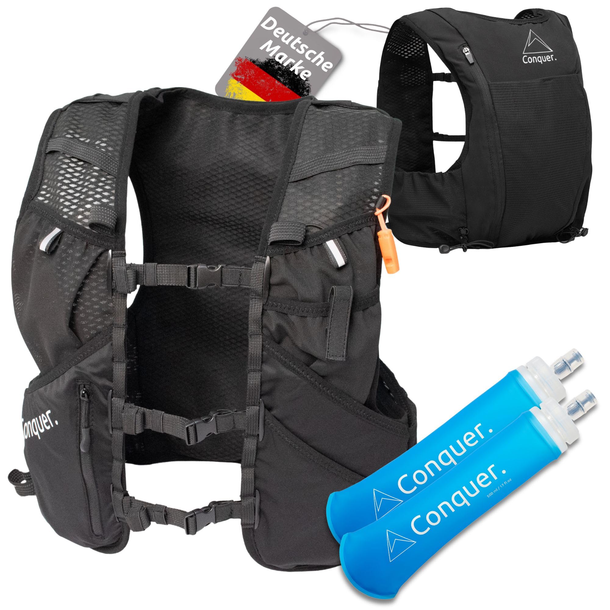 Conquer Laufweste 5L Herren Damen Ultraleichte Trinkweste Trailrunning Joggen Trinkrucksack Soft Flask Fächer Trinkblasen-kompatibel Handytasche Running Vest Marathon