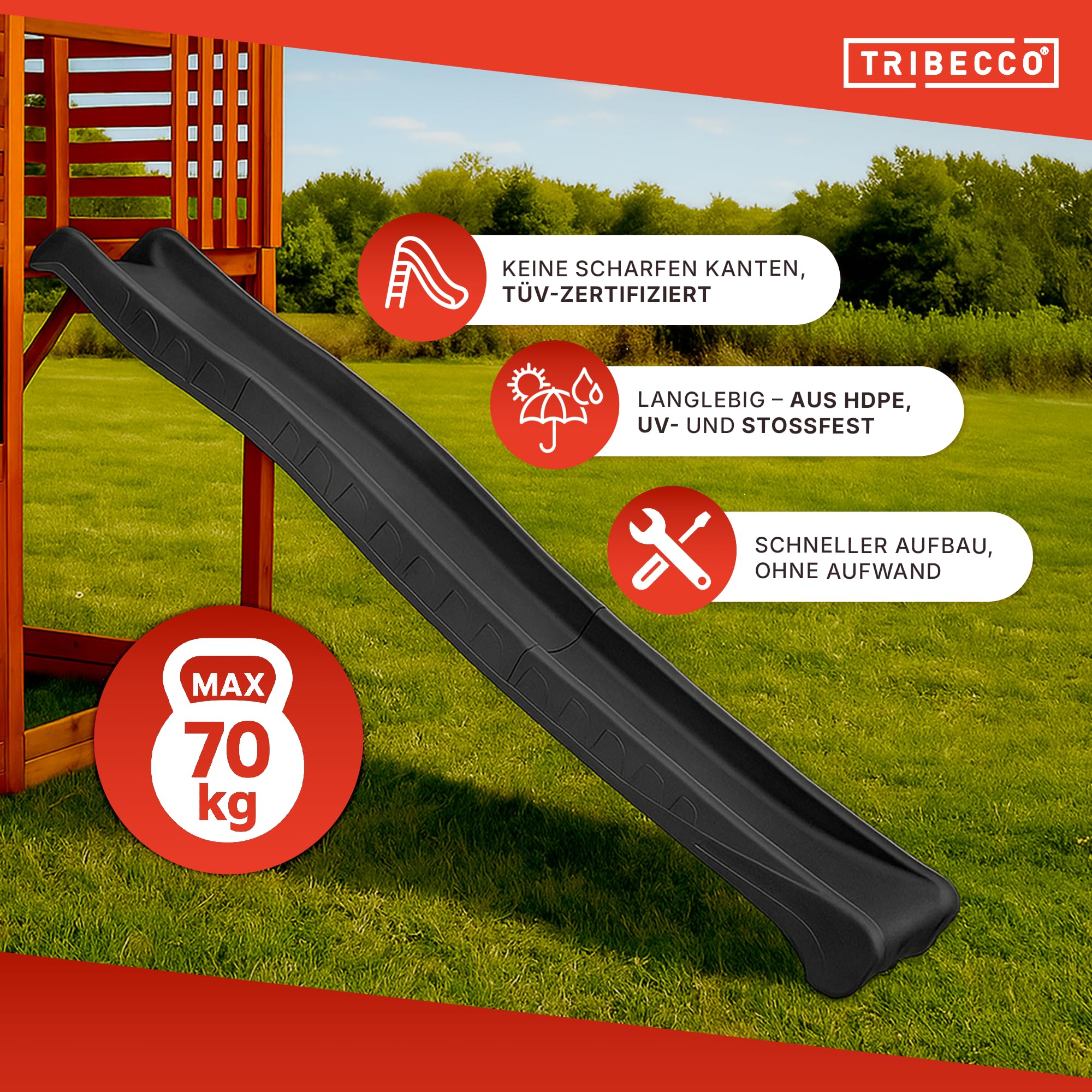 Kinderrutsche Outdoor, 3 m lang für Kinder ab 3 Jahren Podesthöhe 150 cm (+/- 5 cm) Gartenrutsche für Spielhaus & Spielturm als Wasserrutsche für den Garten geeignet (Anthrazit)