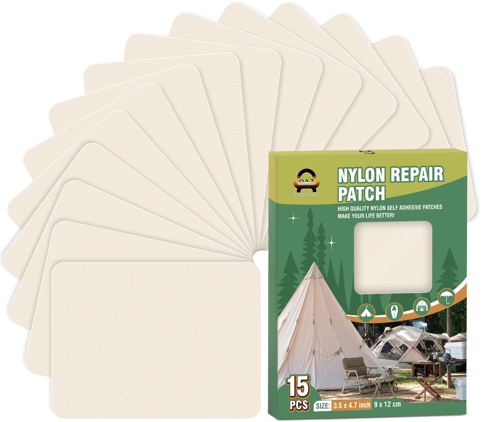 15 Pieces 9 x 12 cm Nylon Repair Patches Nylon Fabric Patch Self-Adhesive Tent Repair Tape Waterproof Lightweight Repair Patches Repair Patch Kit for Clothing Down Jacket Bag (Beige White)
