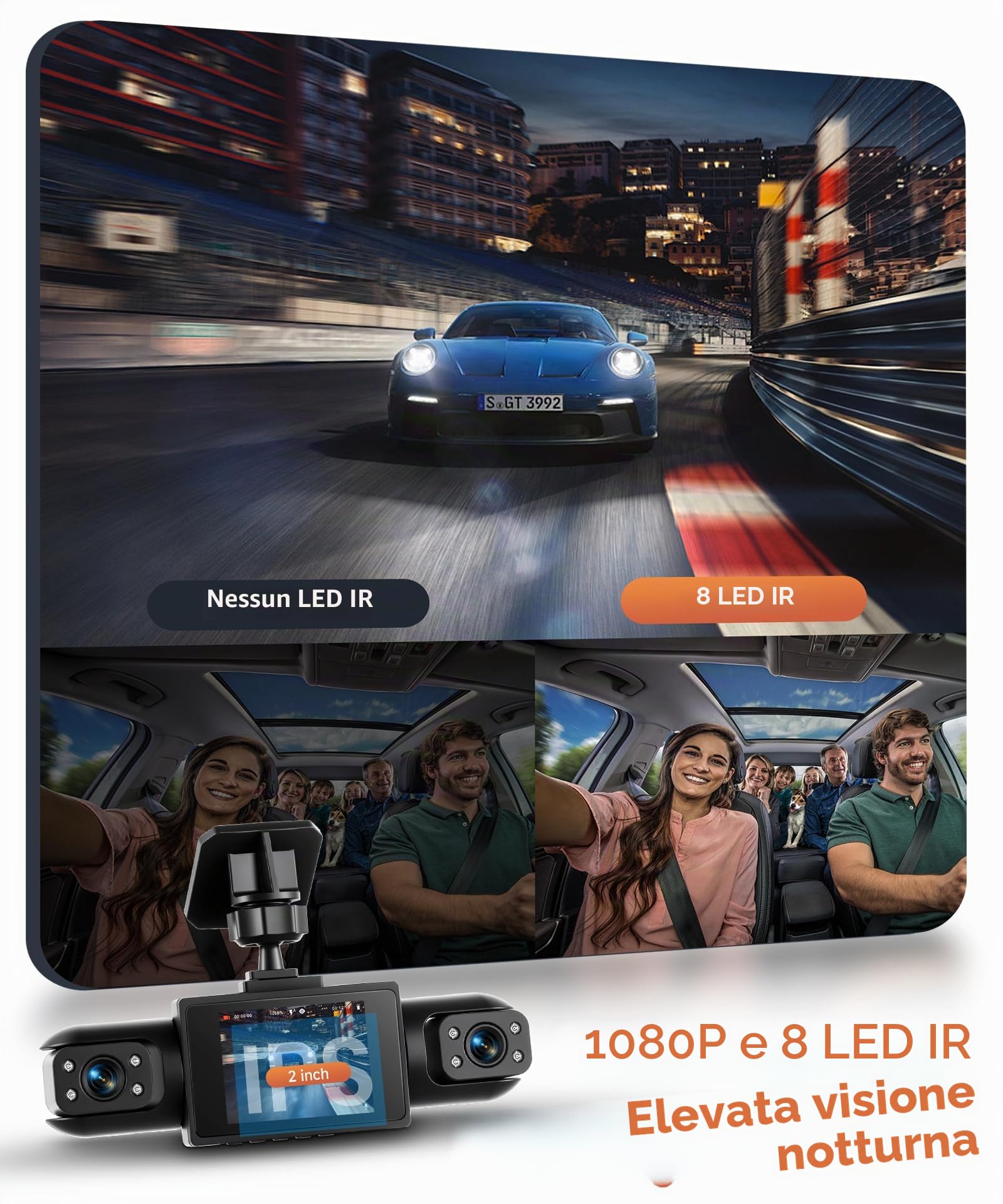 Rimoody 360° 4 Canali Dashcam Auto, 4 Telecamera HD 1080P Anteriore e Posteriore Sinistra Destra, 2 Pollici IPS Schermo Dash Cam con Visione Notturna 8 IR/Loop Video/24H Parcheggio Monitor