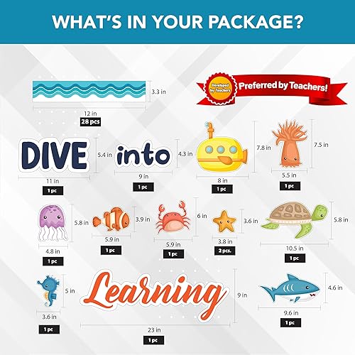 Miniatura 3 de Decorably Juego de 69 piezas de decoración de tablón de anuncios con bordes y recortes con temática oceánica, juego de decoración para el aula,