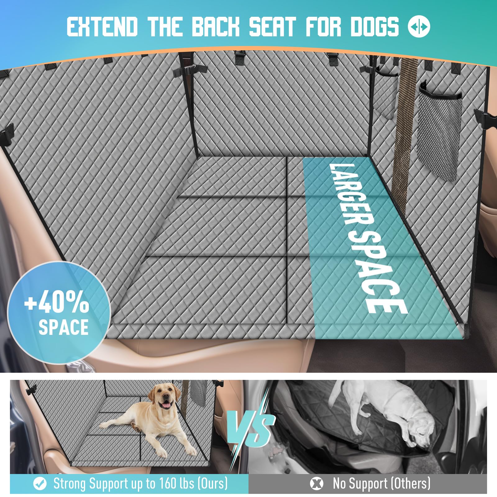 Reiseresa Coperta per cani per auto, versatile coperta per cani con robusta tavola in legno duro e cinture di sicurezza, impermeabile, per tutte le auto, SUV, colore grigio