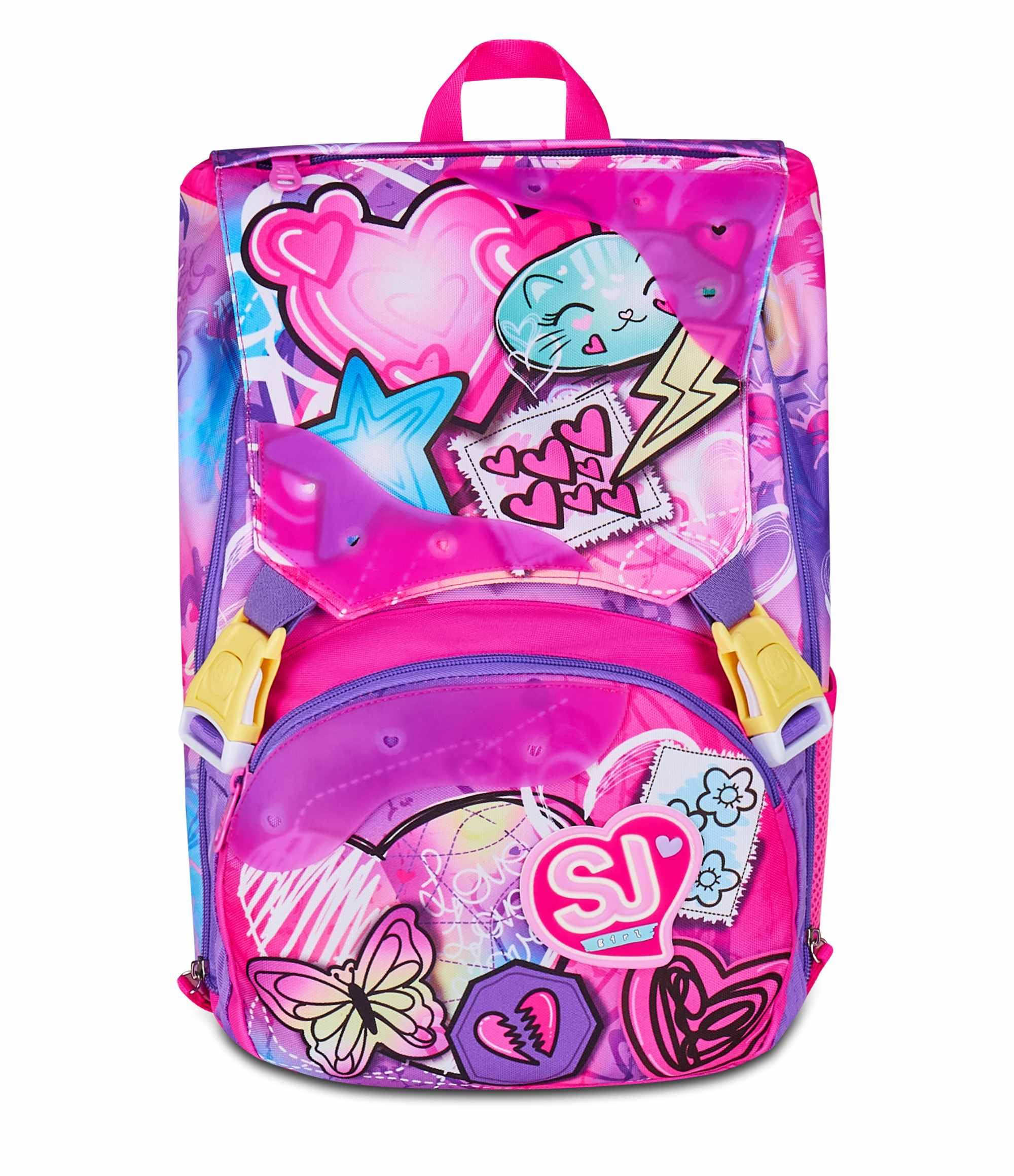 SJ GANG STYLE JAM GANG Zaino Scuola Estensibile Big, Fucsia, Zaino con Divisorio Interno, Tasca Superiore con Patch Riposizionabili, Tasca per Borraccia, 24 L, Zaino Scuola Elementare, Zaino Bambina