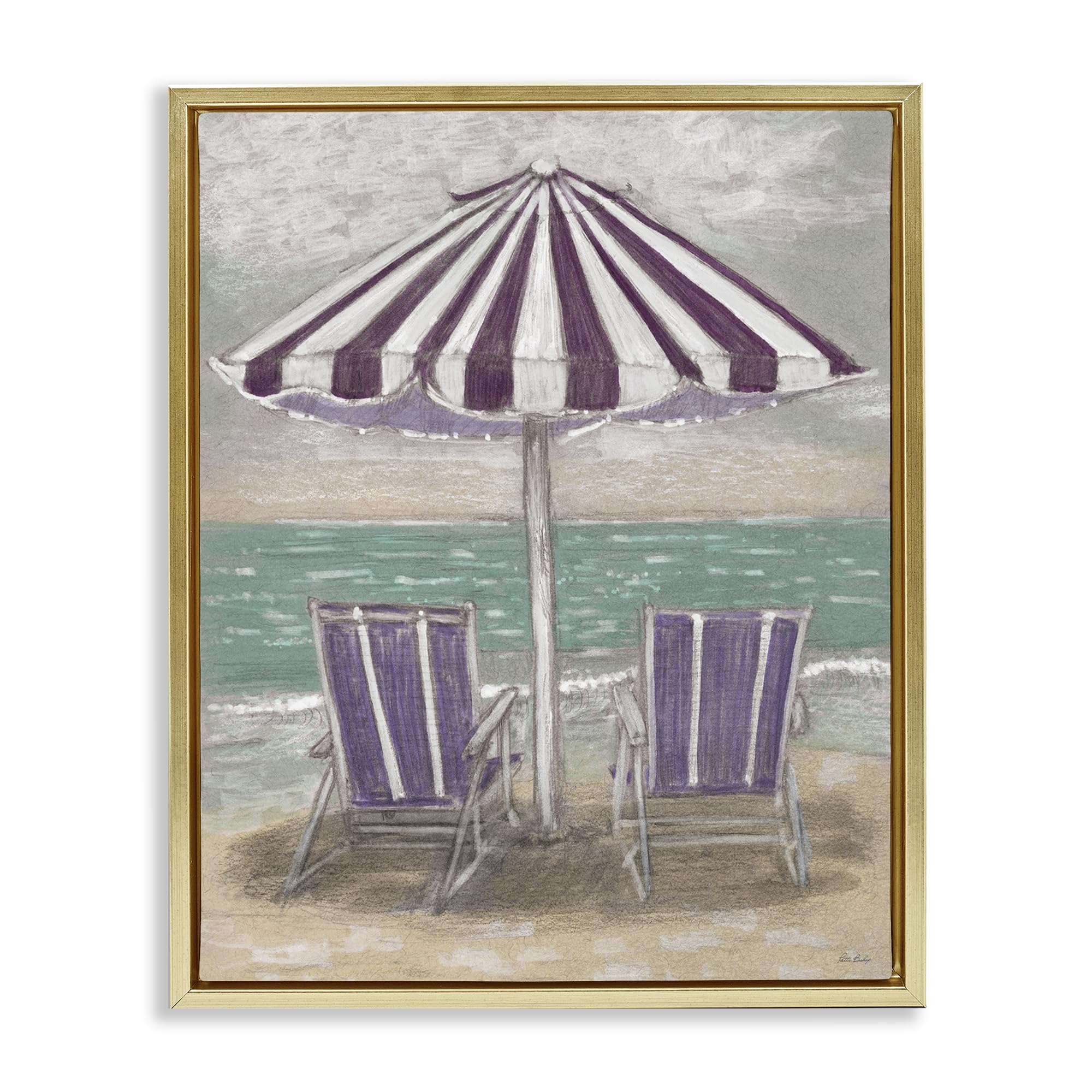 Stupell Industries Metallic Gold (Matte) 'Umbrella & Chairs On Beach', Floating Frame Canvas Art, Gold, 25 X 31 Inches, Easy To Hang And Sturdy, Made In Usa, By Patti Bishop