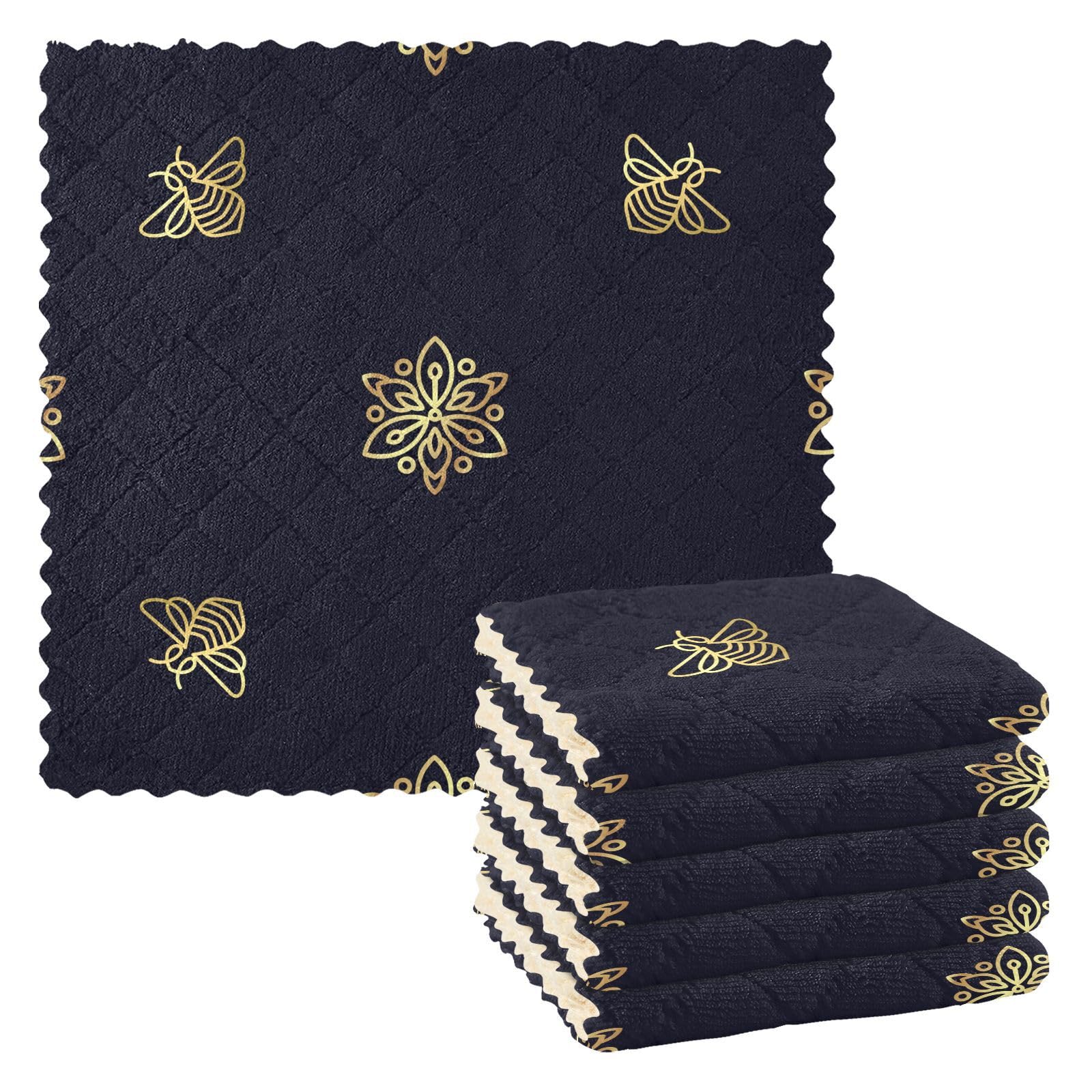 Mnsruu Microfibre Cleaning Cloths Golden Flower on Black Reusable Dish Cloths for Washing Up 6 Pack Swedish Dishcloth Microfibre Cleaning Towels Washable Duster Rags Cloth Home