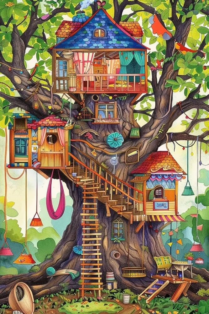 アクリル絵画　“Tree House” Treehouse Wall Art Print, Kids Room Wall Art Decor, Fairy