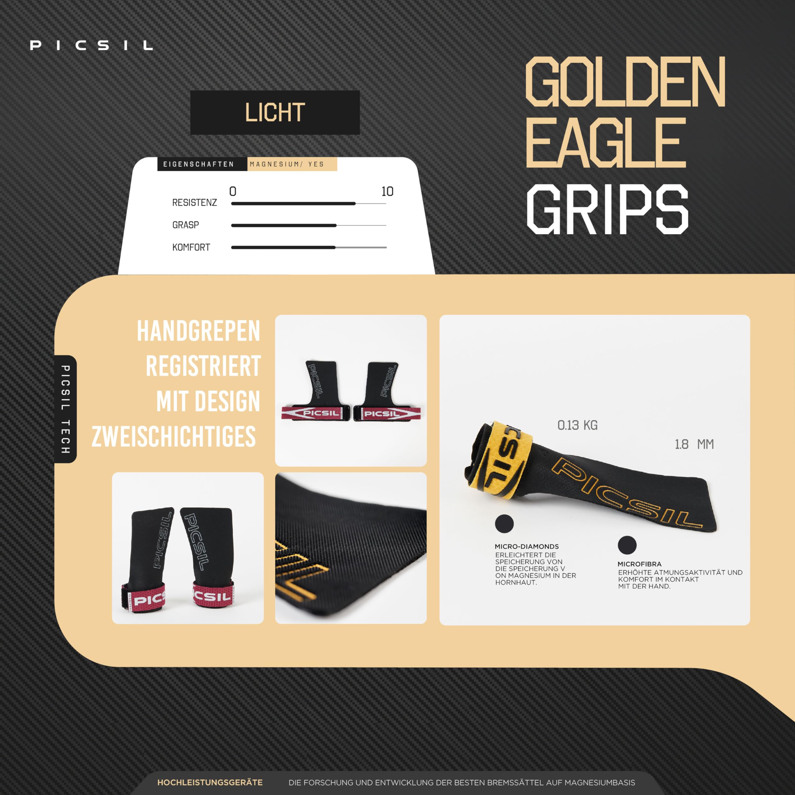 PICSIL Golden Eagle Hand Grips – Profi‑Level Griffpolster für Fortgeschrittene, Chalk‑kompatibel, Handschutz für Calisthenics & Krafttraining