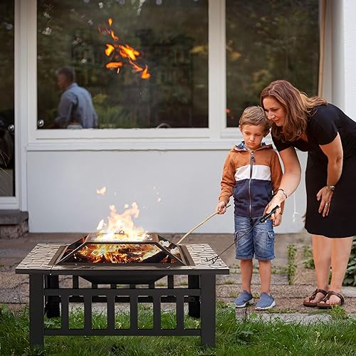 Miniatura 4 de Rankok Mesa multifuncional de 32 pulgadas para fogata al aire libre con pantalla de chispa, rejilla de fuego y chimenea cuadrada de metal para