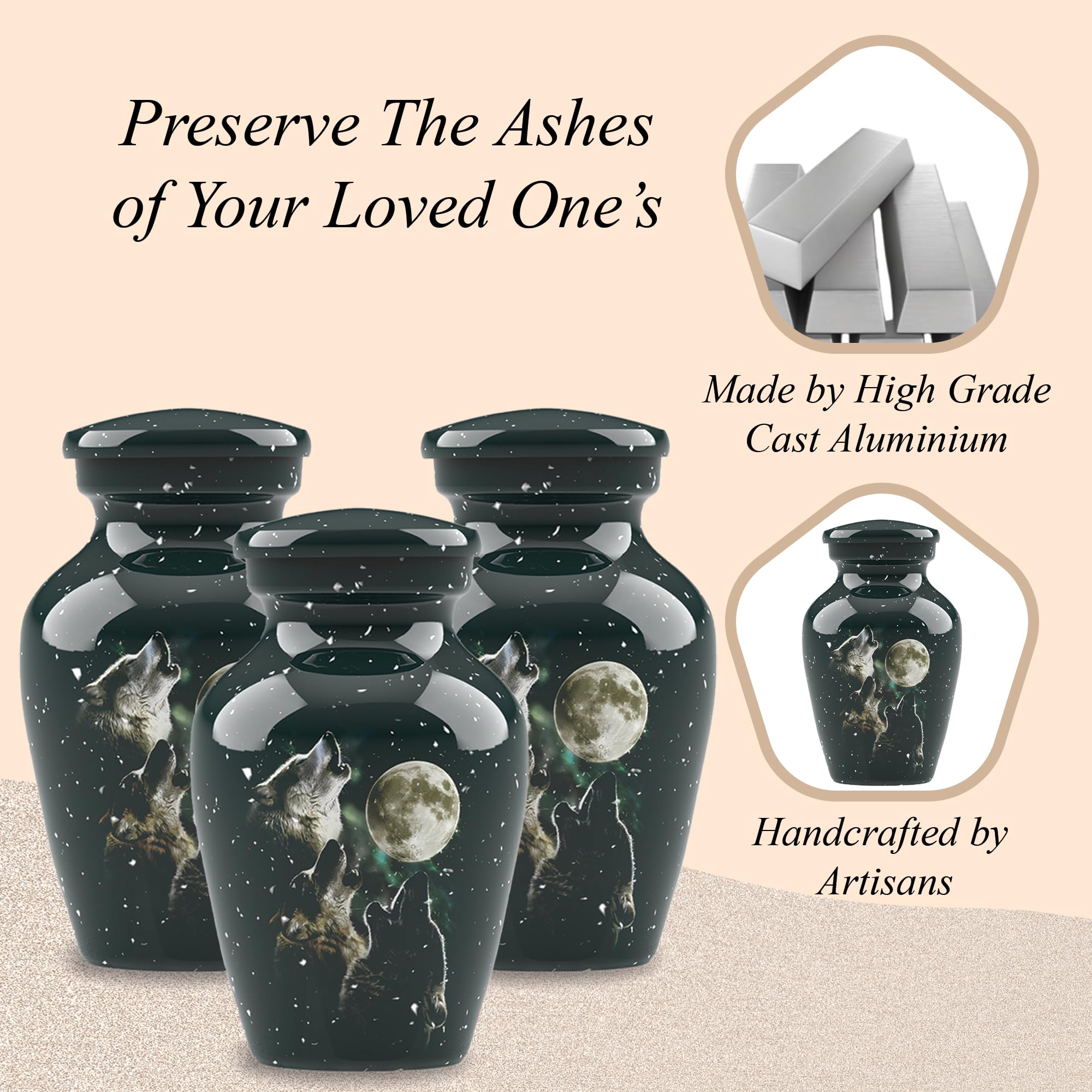 Forever Urnas de cremación para cenizas, urna clásica de cremación de 3 lobos para cenizas humanas, completamente hecha a mano con caja de protección de terciopelo (juego de 3 recuerdos)