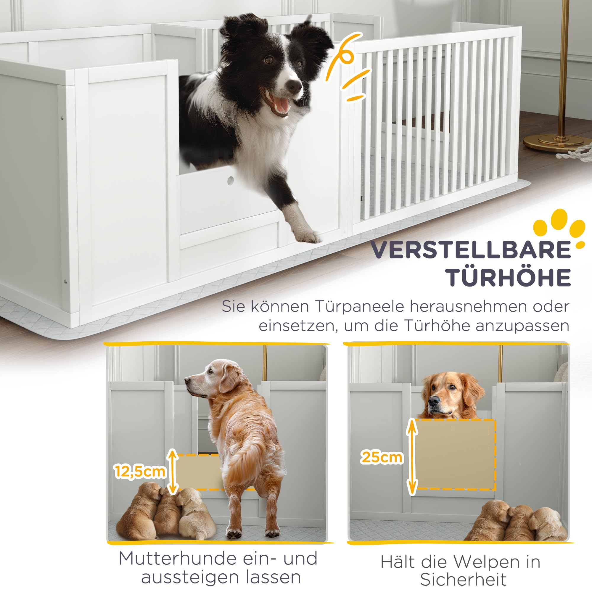 PawHut Wurfkiste für Welpen Wurfbox mit Tür Große Hunde 166x80x50 cm Weiß | Welpenlaufstall, Wasserdichte Bodenmatte, Hundelaufstall Welpenauslauf
