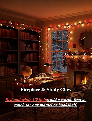 Miniatura 6 de Luces de Navidad C9 rojas y blancas de 25 pies, cadena de luces de Navidad C9 impermeables con 26 bombillas rojas y blancas, luces de Navidad