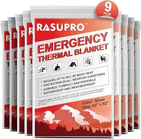 Rasupro Pacote com 9 cobertores de emergência, equipamentos de sobrevivência ao ar livre e cobertor térmico de emergência, cobertores térmicos Mylar de emergência, cobertor espacial perfeito para