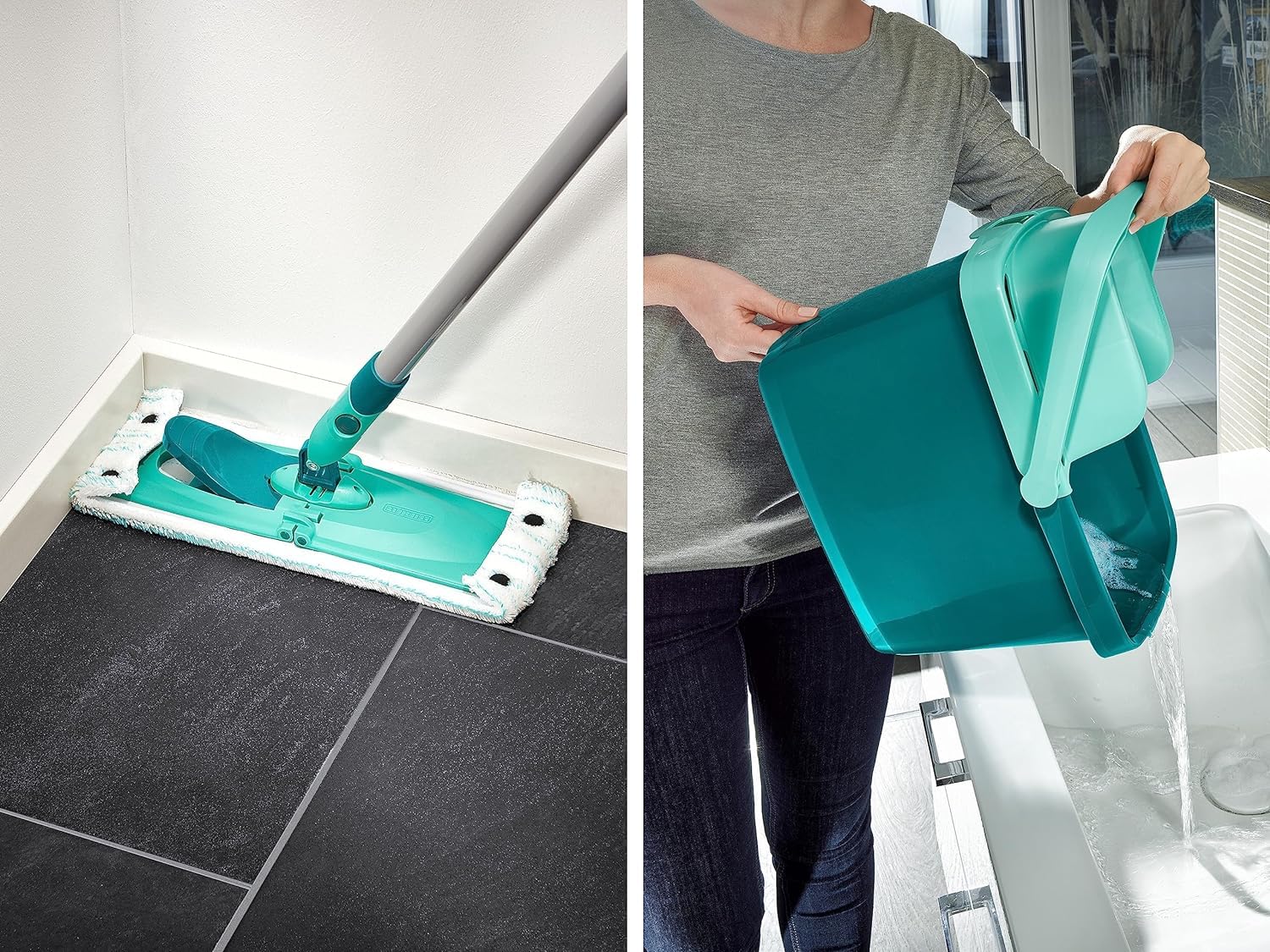 Leifheit Set Combi Clean M, seau et balai essoreur faciles d'utilisation, balais serpillière avec mécanisme d'essorage intégré, kit de lavage sol vert 55356