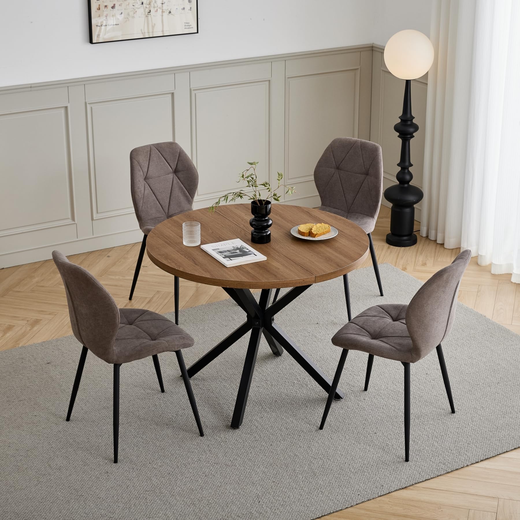 Juego de Mesa y Sillas de Comedor, Mesa de Comedor Redonda de 100 * 100 * 76.5 cm y 4 Sillas Modernas de Lino, para Comedor, Cocina, Sala de Estar, Textura Oscura + Marrón